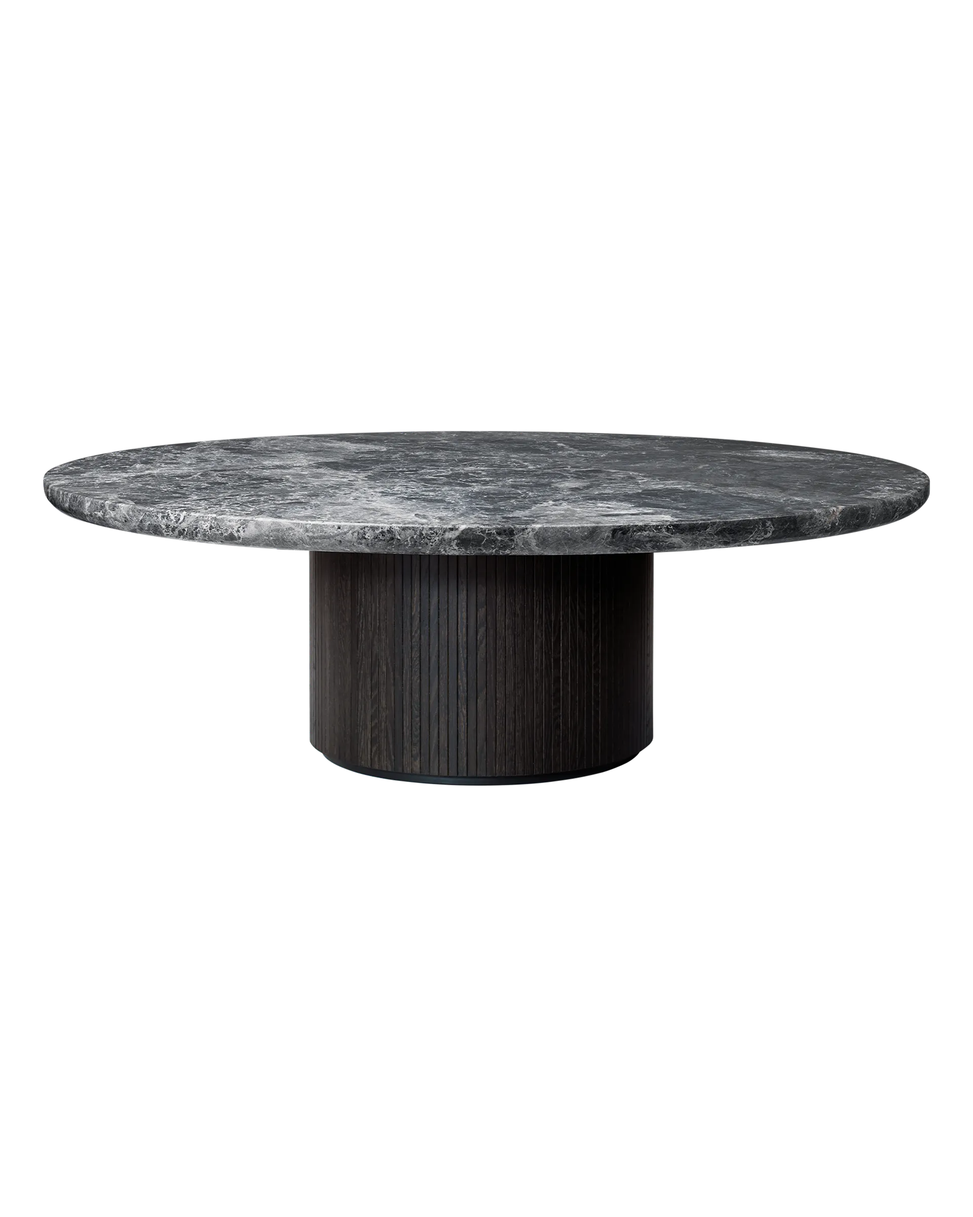 GUBI Moon Coffee Table, Round (Brown/Black Stained Veneer Oak Lacquered, Grey Emperador Marble, Ø150 x H45 cm)