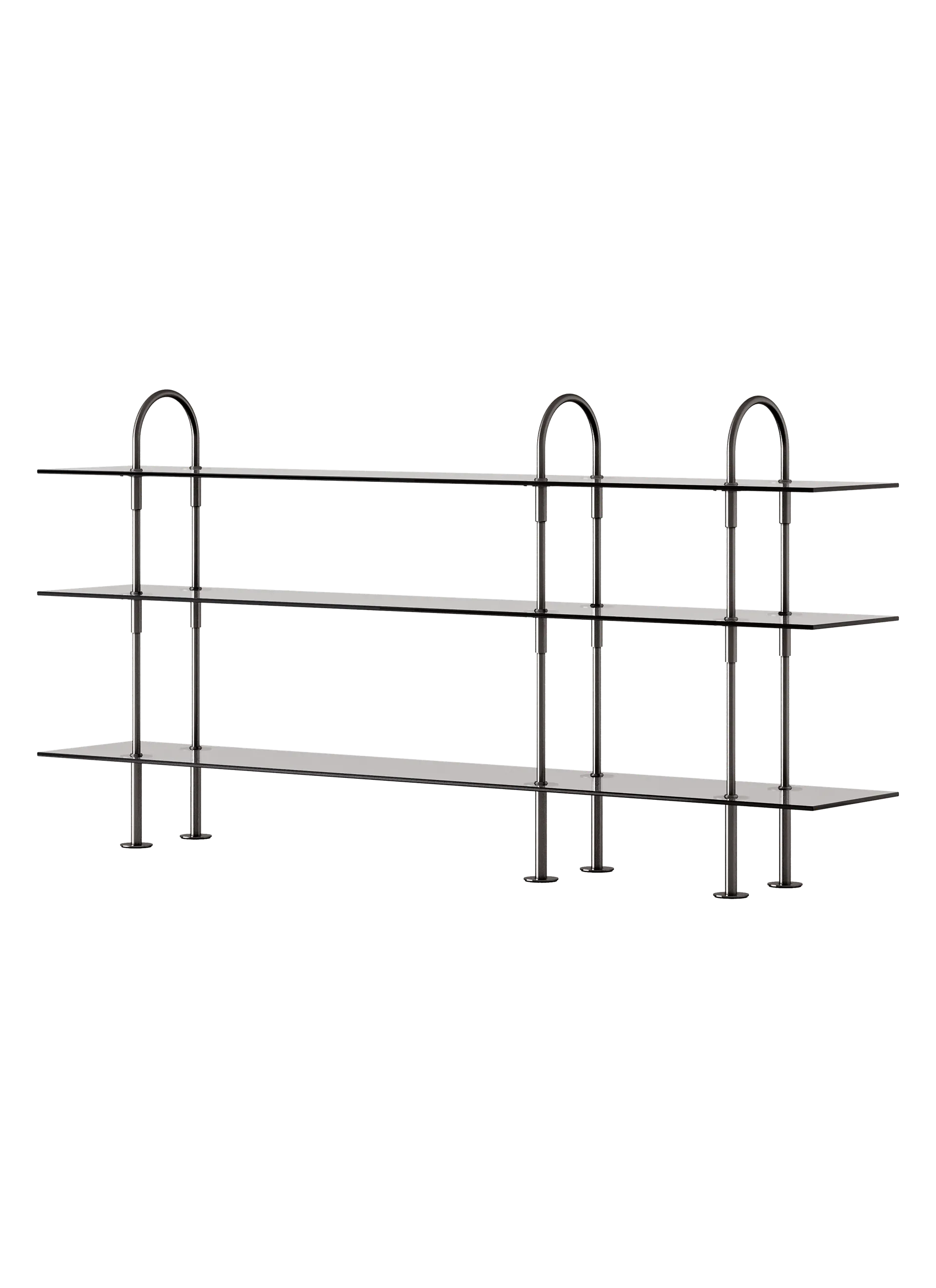 GUBI Keen Shelving System (208 cm, 105 cm - 3 Shelves, Smoked Tempered Glass, Black Brass)