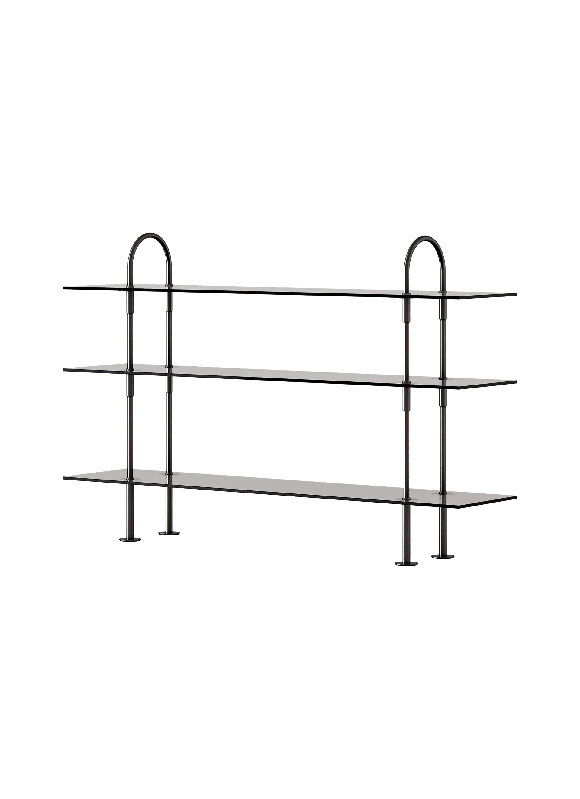 GUBI Keen Shelving System (160 cm, 105 cm - 3 Shelves, Smoked Tempered Glass, Black Brass)