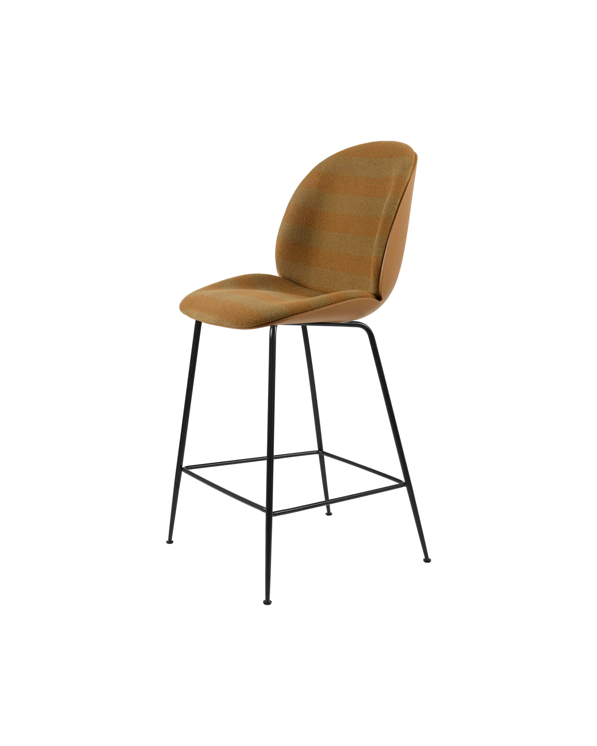 GUBI Beetle Counter Chair, 3D Veneer & Front Upholstered (Amber Brown, Black Matt, Kvadrat Sahco, Acca Stripe 0331)