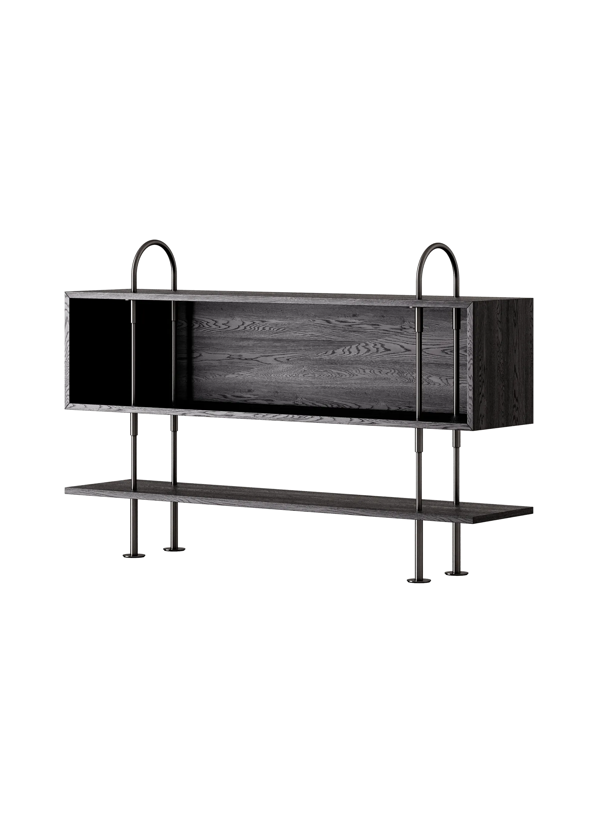 GUBI Keen Shelving System (160 cm, 105 cm - 1 Shelf & Box, Brown/Black Ash Veneer, Black Brass)