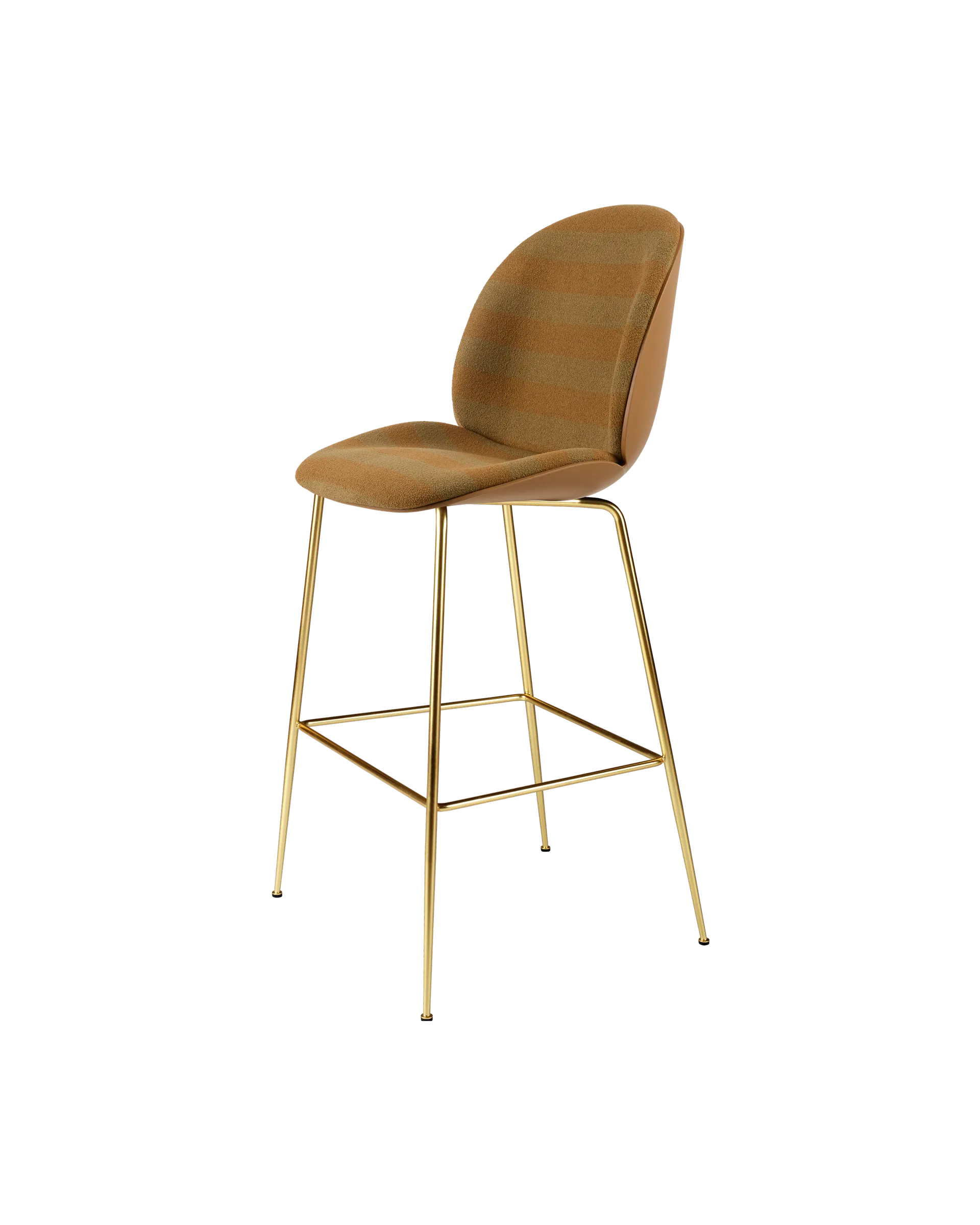 GUBI Beetle Bar Chair, 3D Veneer & Front Upholstered (Kvadrat Sahco, Acca Stripe 0331, Amber Brown, Brass Semi Matt)