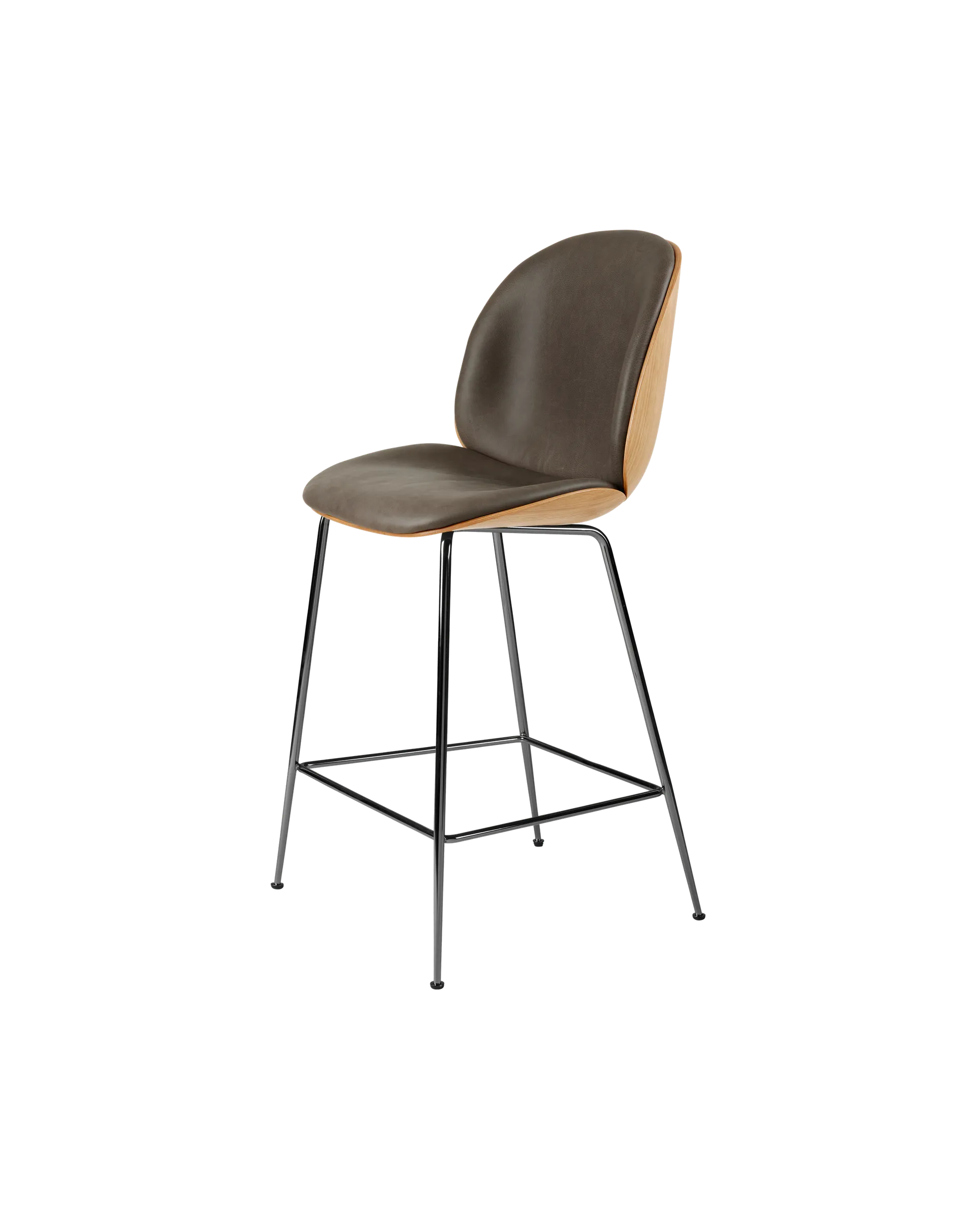 GUBI Beetle Counter Chair, 3D Veneer & Front Upholstered (Soft Leather, GUBI (Gray, Standard), Oak Semi Matt Lacquered, Black Chrome)