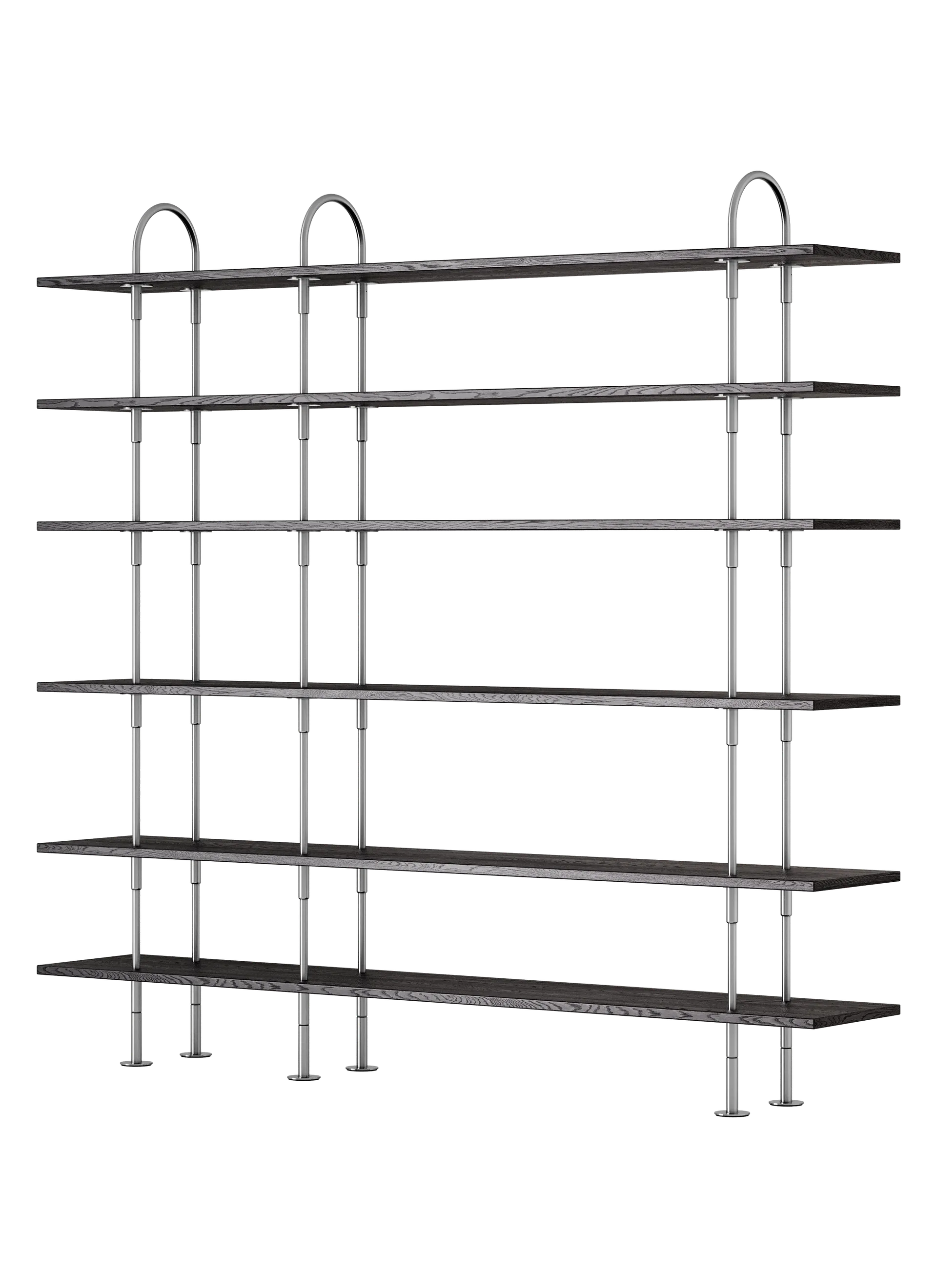 GUBI Keen Shelving System (208 cm, 198 cm - 6 Shelves, Brown/Black Ash Veneer, Satin Stainless Steel)