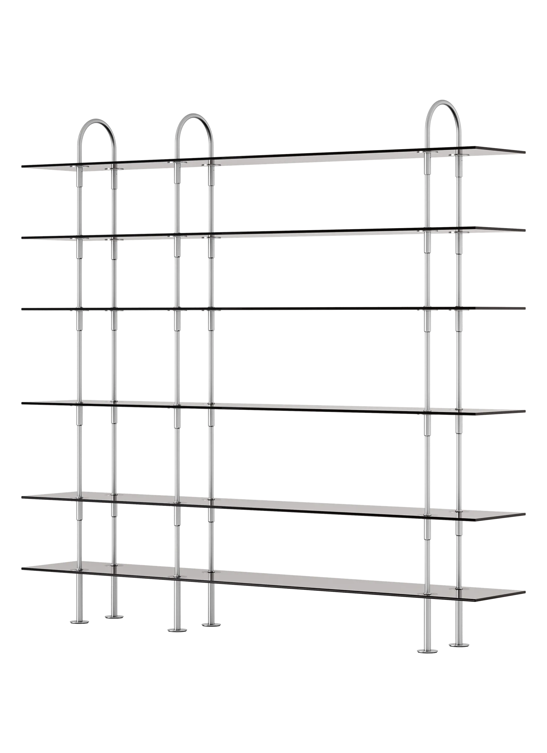 GUBI Keen Shelving System (208 cm, 198 cm - 6 Shelves, Smoked Tempered Glass, Satin Stainless Steel)