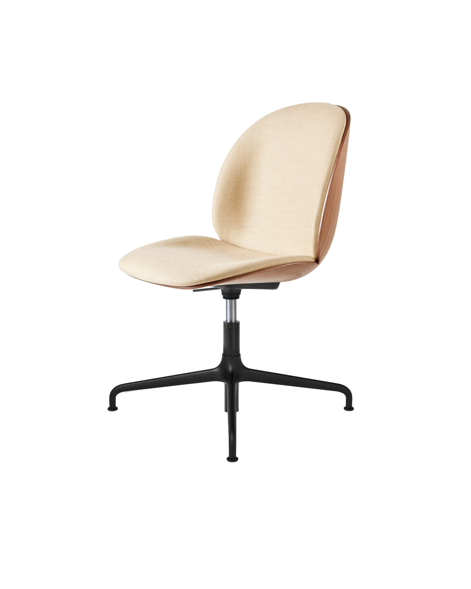 GUBI Beetle Meeting Chair, 3D Veneer & Front Upholstered (Flair Special FR, Dedar (134, Standard), Height adjustable 4-star base, American Walnut Semi