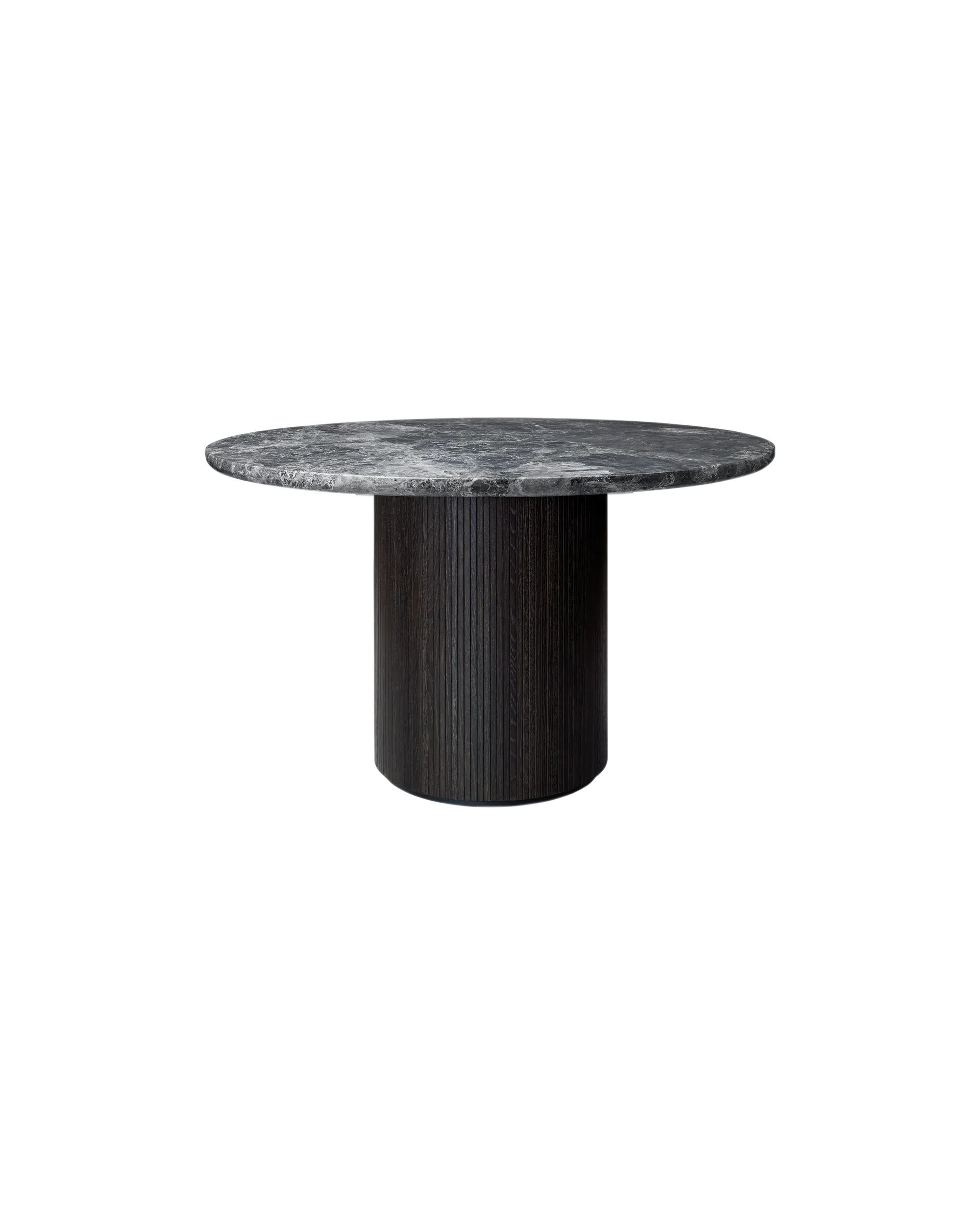 GUBI Moon Dining Table, Round (Brown/Black Stained Veneer Oak Lacquered, Grey Emperador Marble, Ø120 cm)