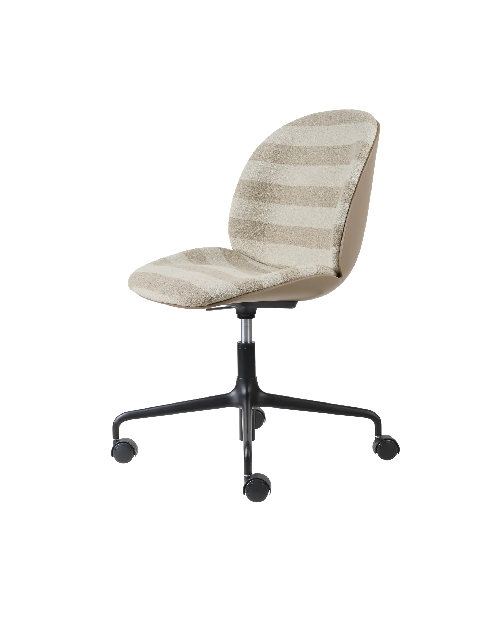 GUBI Beetle Meeting Chair, 3D Veneer & Front Upholstered (Kvadrat Sahco, Acca Stripe 0131, Height adjustable 4-star base w. castors, New Beige, Black 