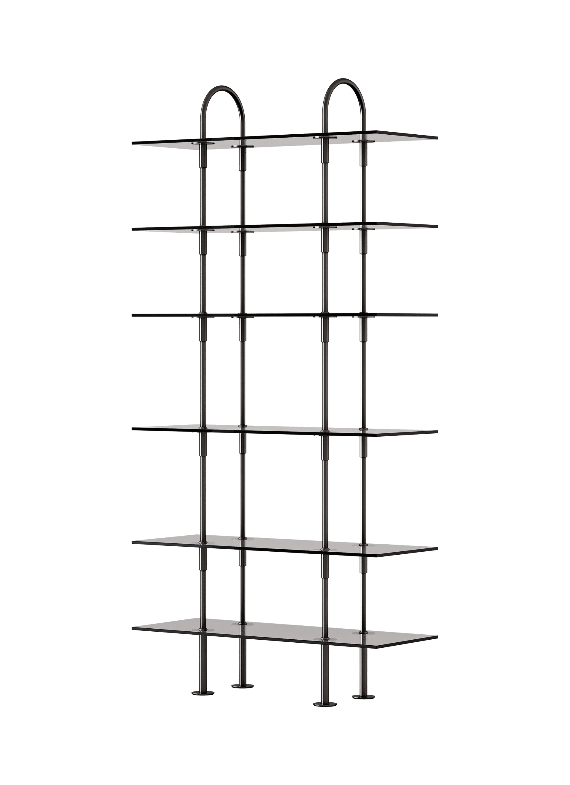 GUBI Keen Shelving System (96 cm, 198 cm - 6 Shelves, Smoked Tempered Glass, Black Brass)