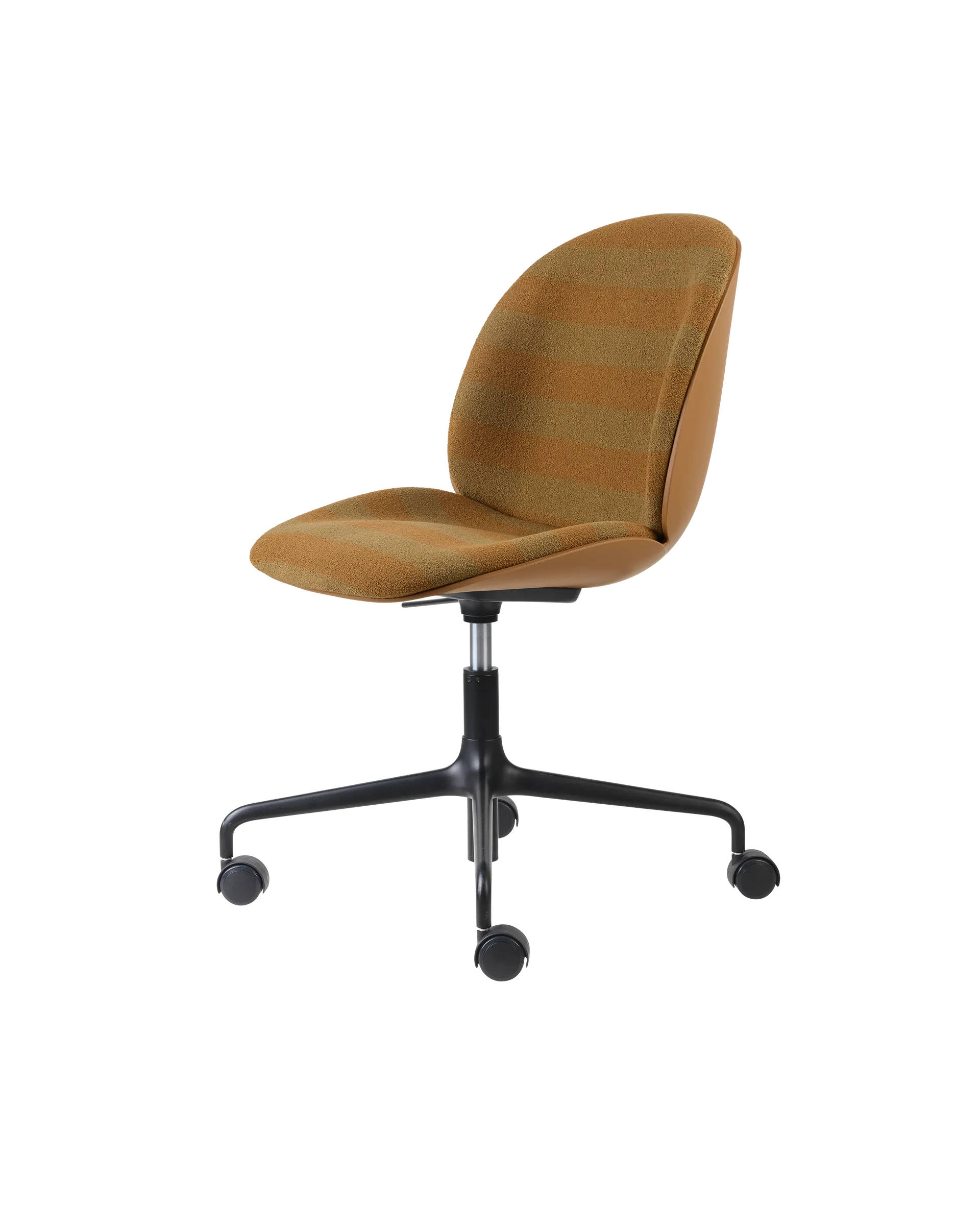 GUBI Beetle Meeting Chair, 3D Veneer & Front Upholstered (Kvadrat Sahco, Acca Stripe 0331, Height adjustable 4-star base w. castors, Amber Brown, 