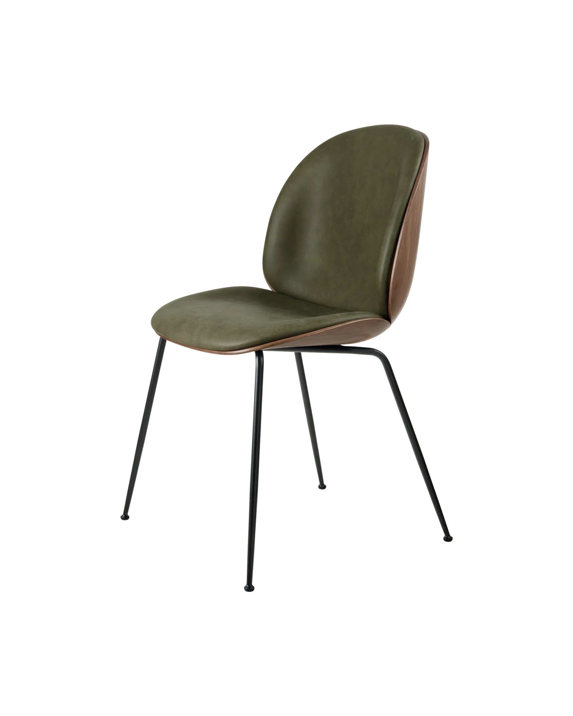 GUBI Beetle Dining Chair, 3D Veneer & Front Upholstered (Soft Leather, GUBI (Army, Standard), American Walnut Semi Matt Lacquered, Black Matt, EU)