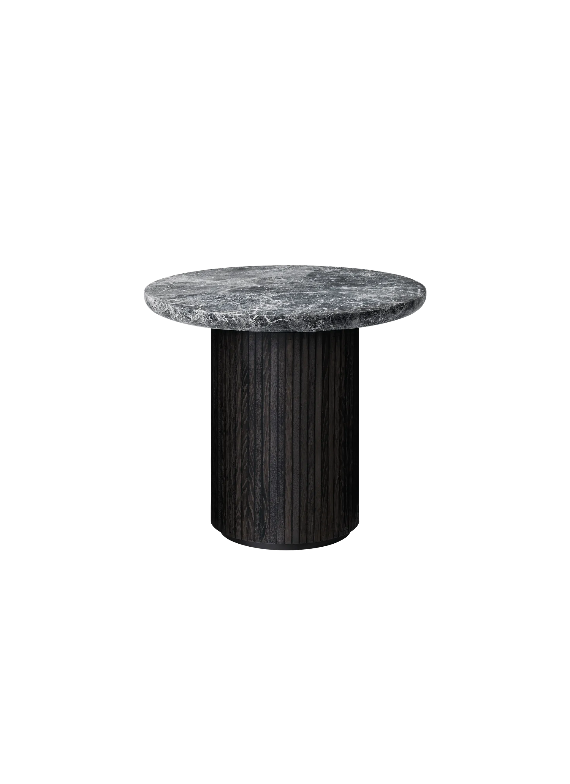GUBI Moon Lounge Table, Round (Brown/Black Stained Veneer Oak Lacquered, Grey Emperador Marble, Ø60 x H55)