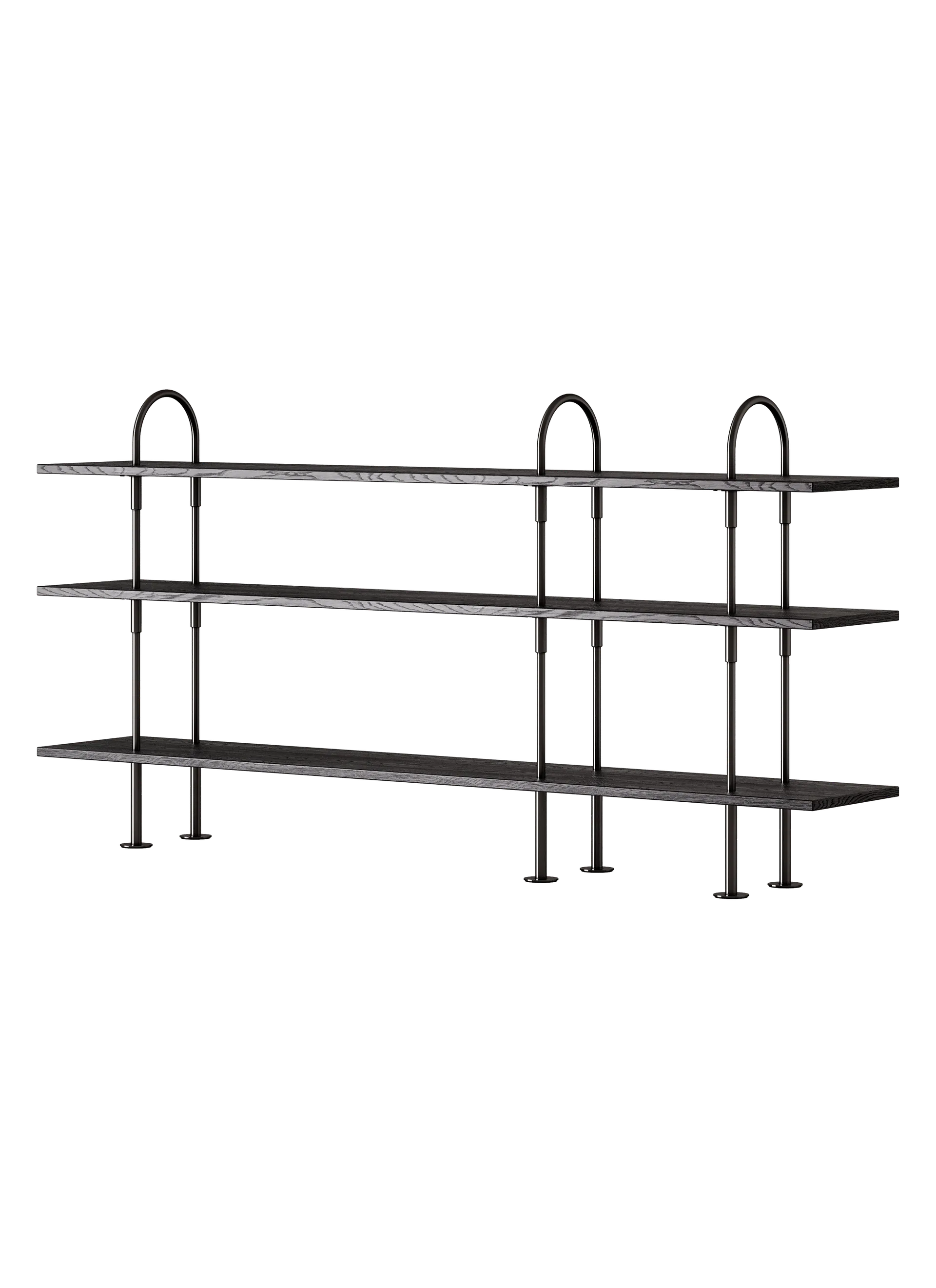 GUBI Keen Shelving System (208 cm, 105 cm - 3 Shelves, Brown/Black Ash Veneer, Black Brass)
