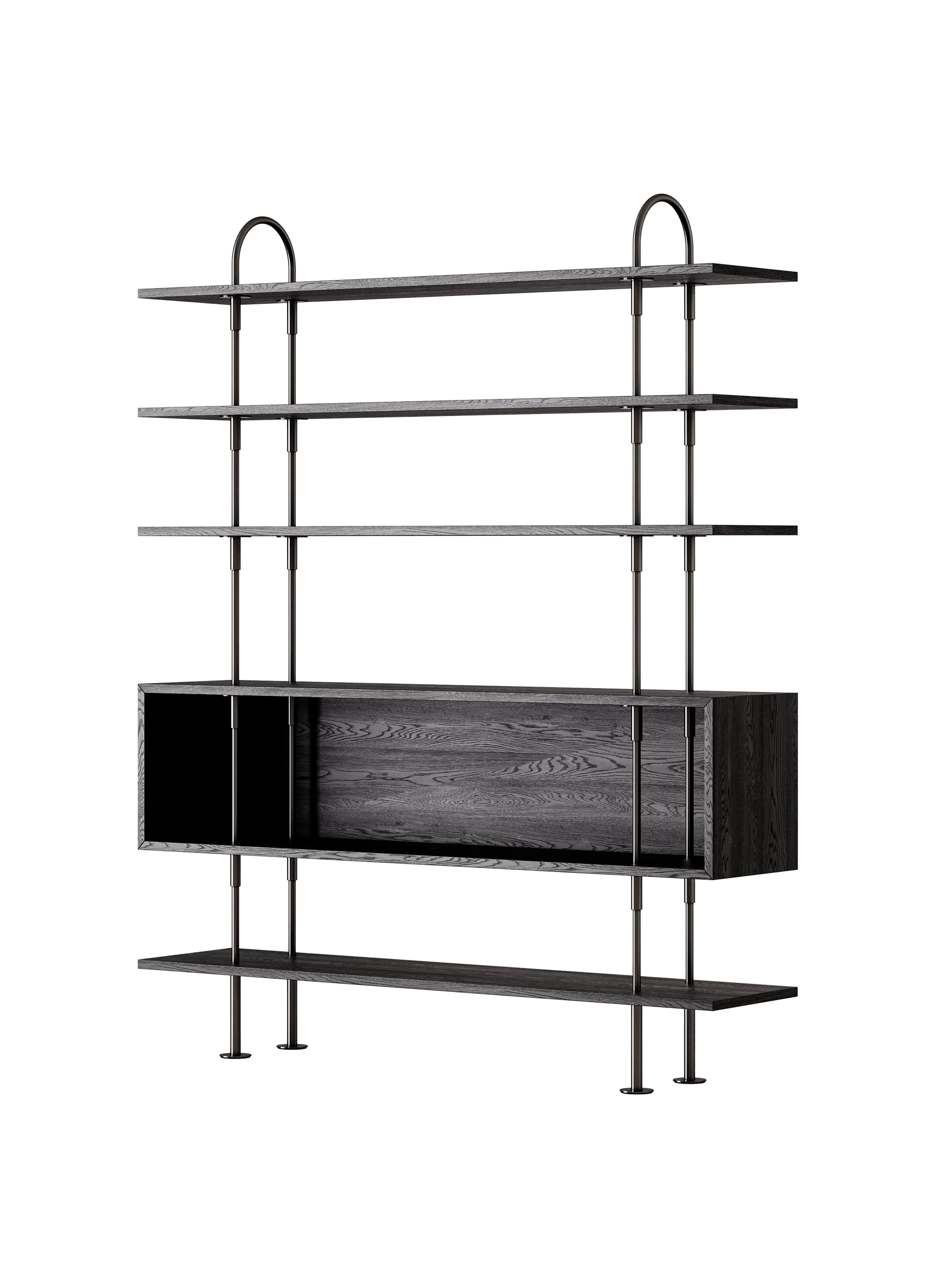 GUBI Keen Shelving System (160 cm, 198 cm - 4 Shelves & Box, Brown/Black Ash Veneer, Black Brass)