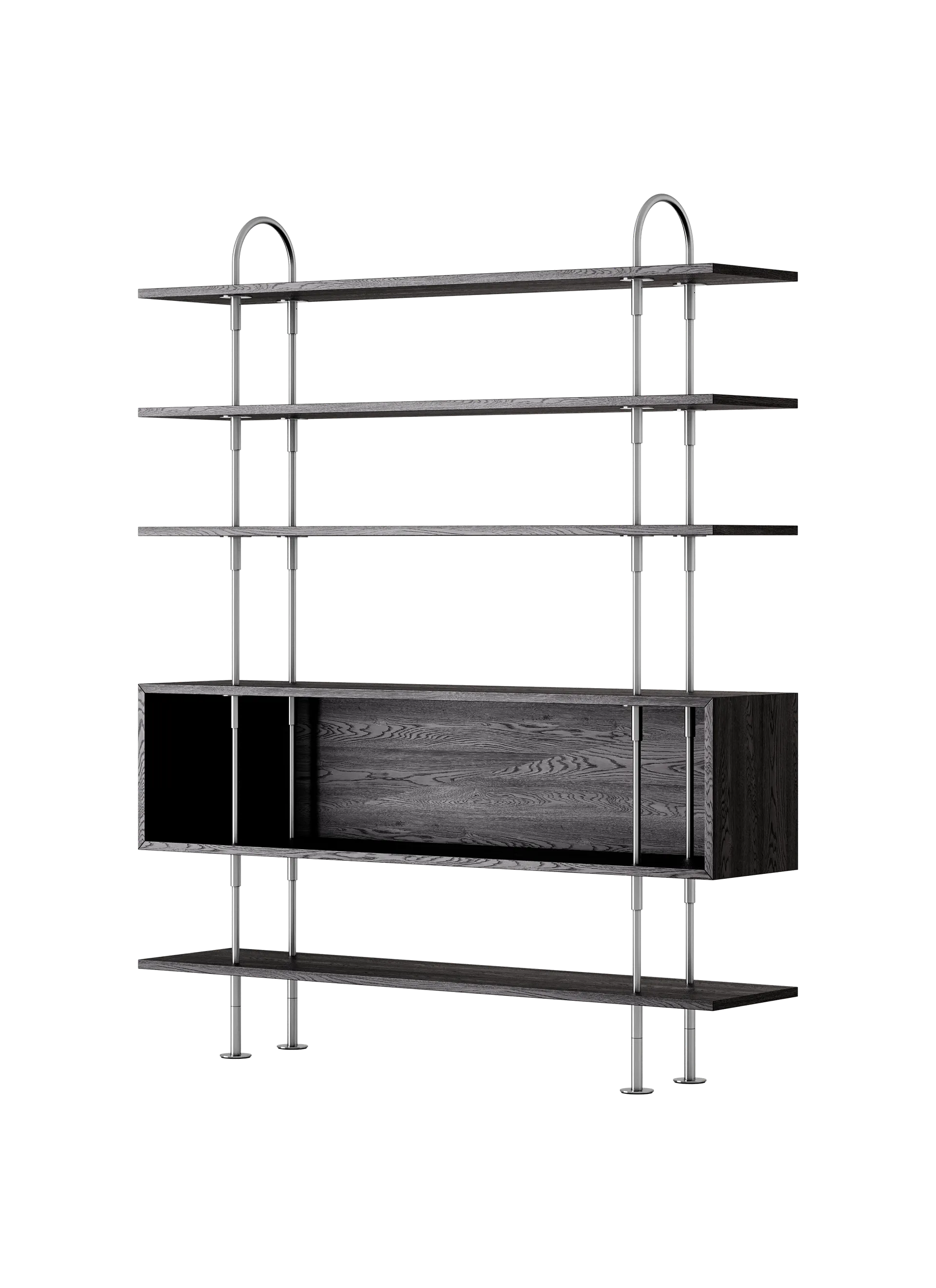 GUBI Keen Shelving System (160 cm, 198 cm - 4 Shelves & Box, Brown/Black Ash Veneer, Satin Stainless Steel)