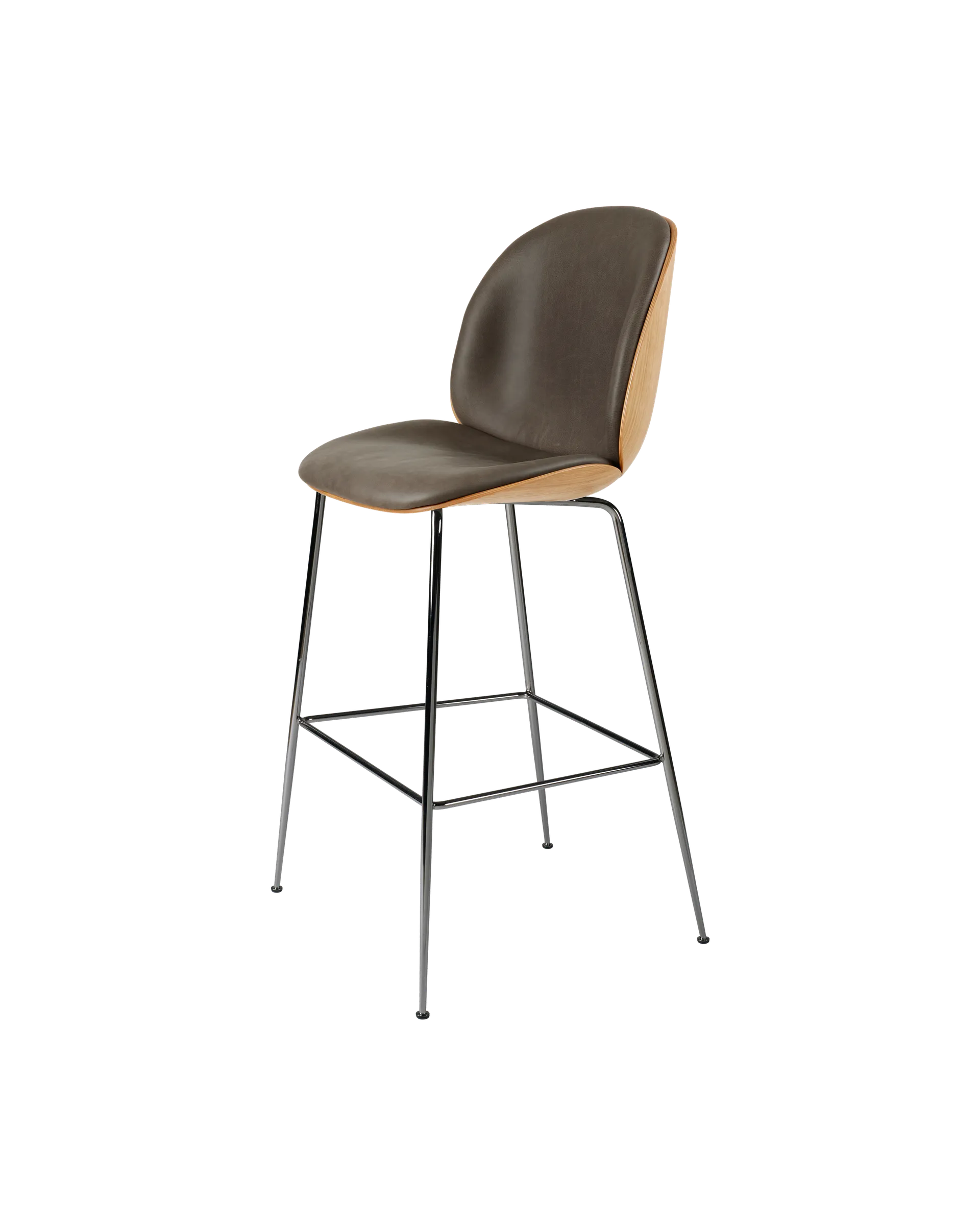 GUBI Beetle Bar Chair, 3D Veneer & Front Upholstered (Soft Leather, GUBI (Gray, Standard), Oak Semi Matt Lacquered, Black Chrome)