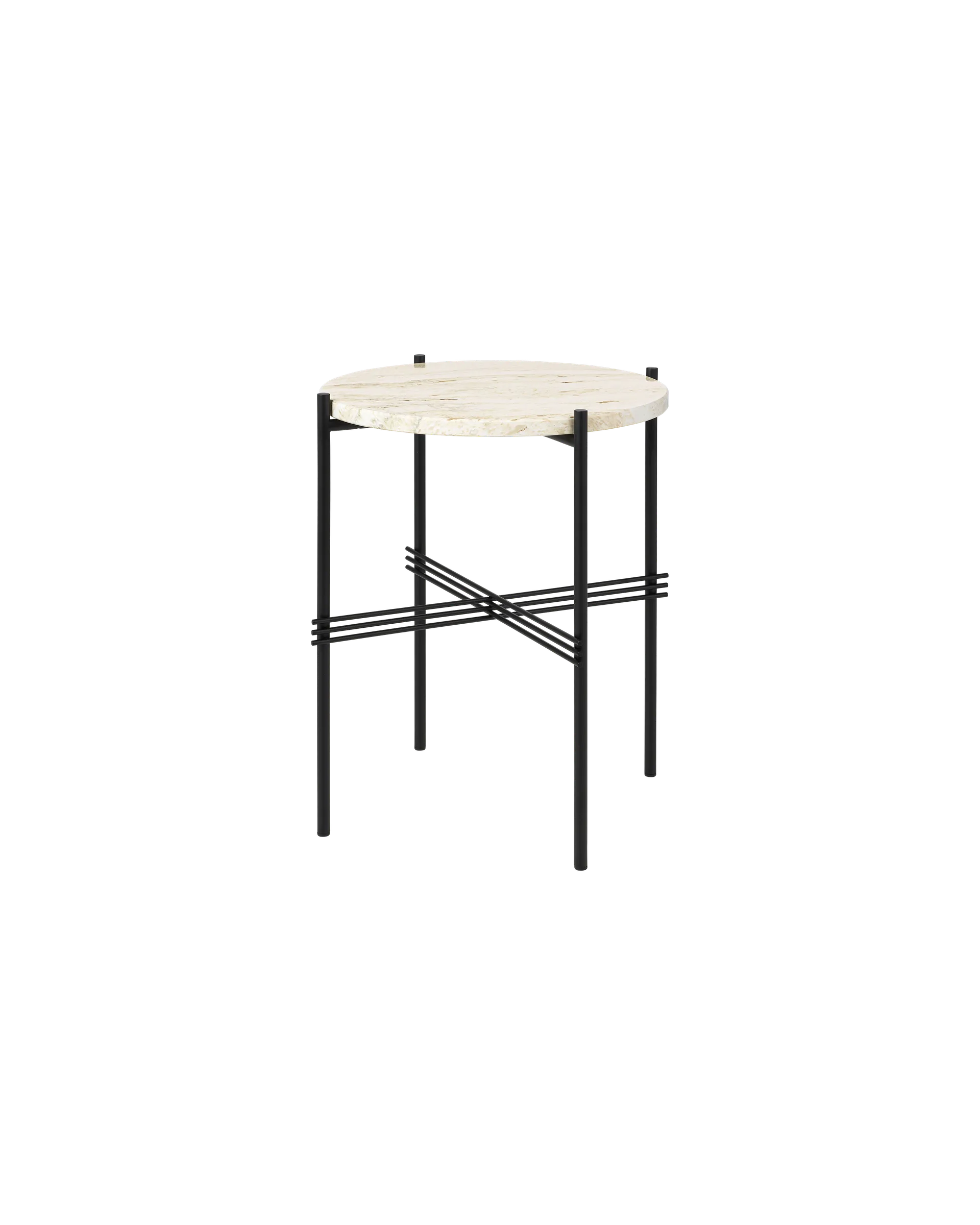GUBI TS Side Table, Round (Black base, Neutral White Travertine)