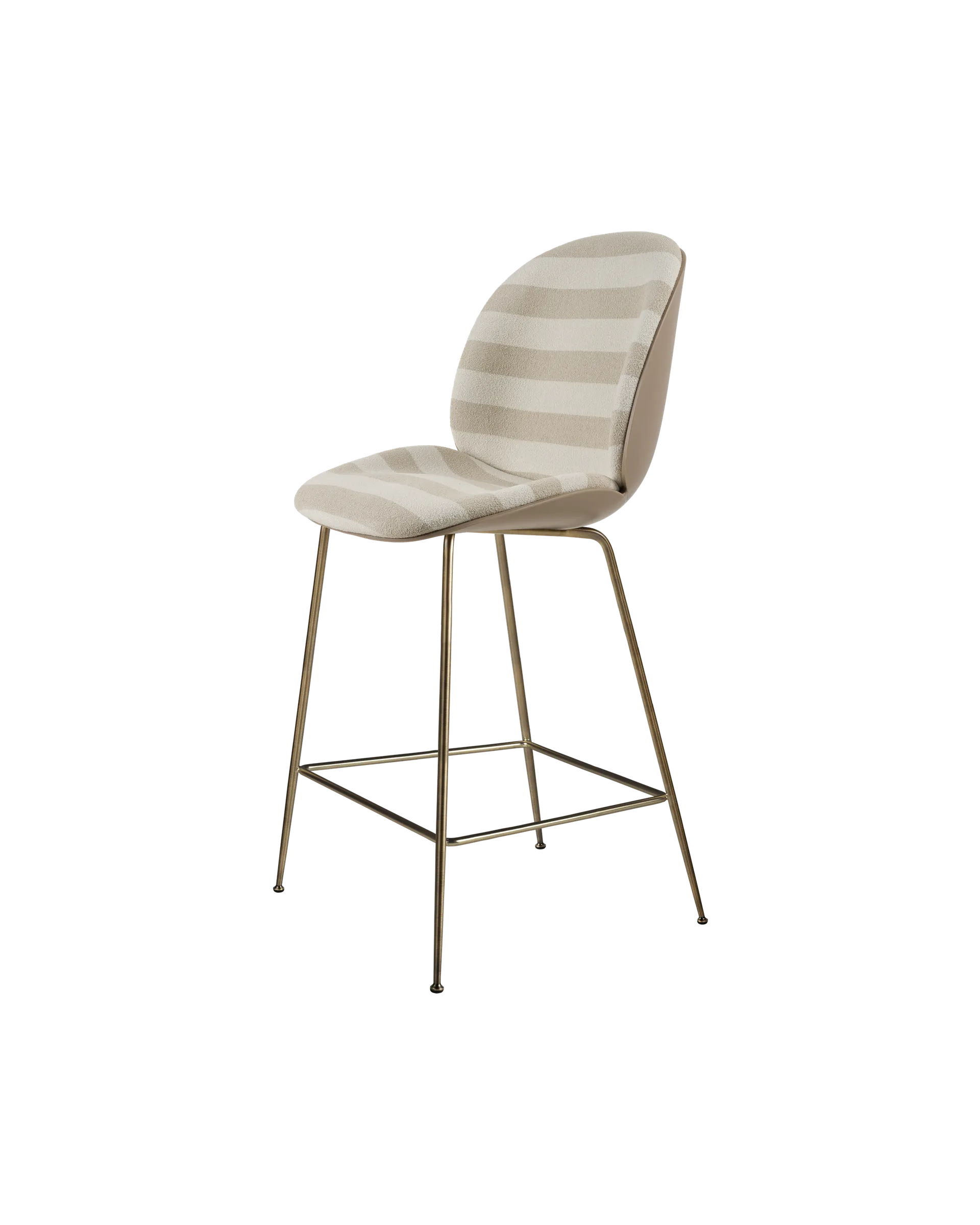 GUBI Beetle Counter Chair, 3D Veneer & Front Upholstered (New Beige, Antique Brass, Kvadrat Sahco, Acca Stripe 0131)