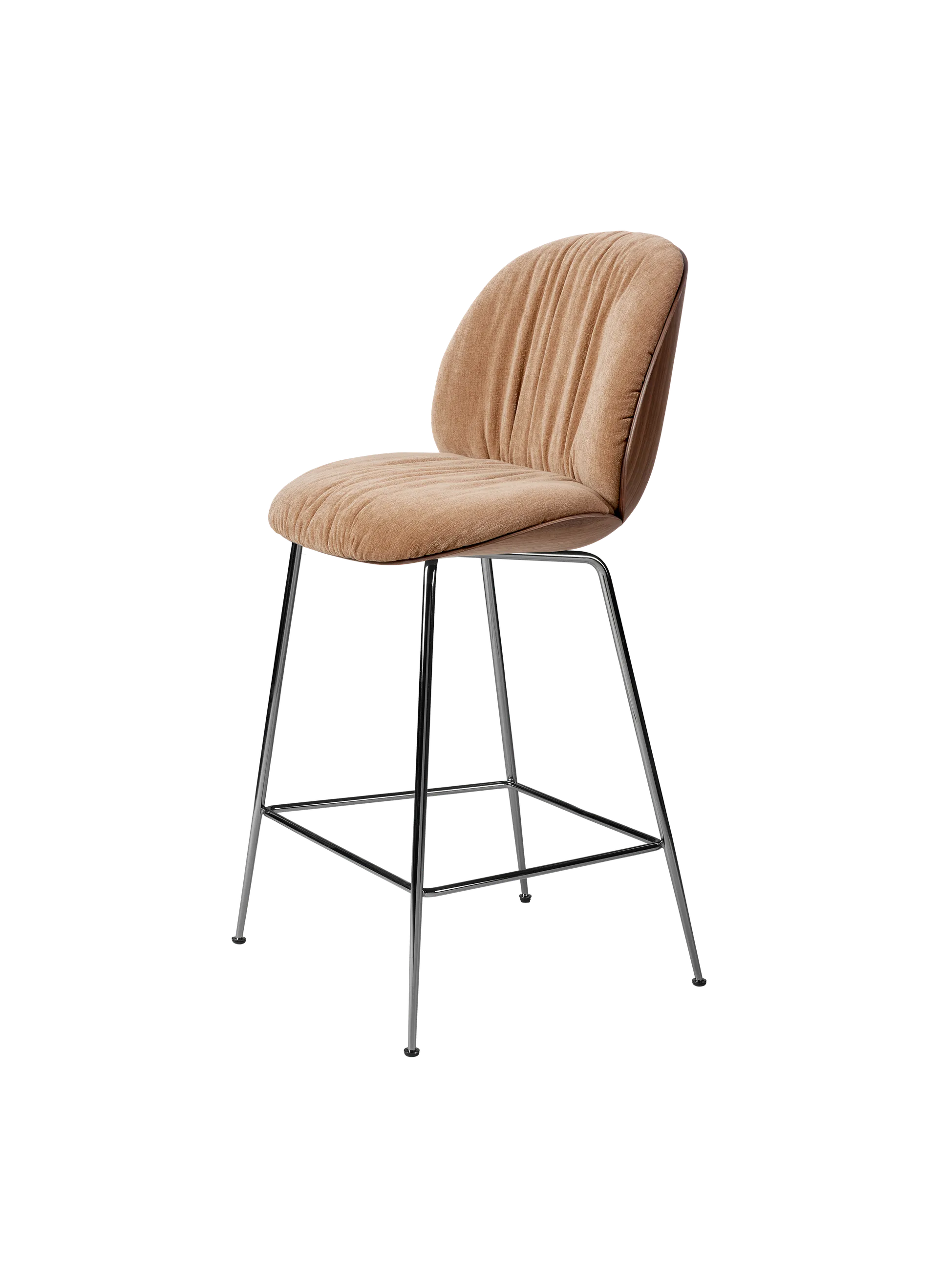GUBI Beetle Soft Counter Chair, Front Upholstered (Belsuede Special FR, Dedar (132, Standard), American Walnut Semi Matt Lacquered, Black Chrome)