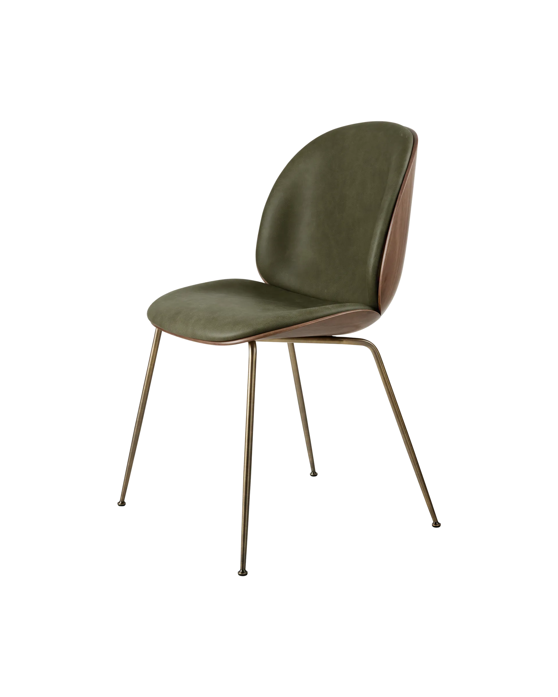 GUBI Beetle Dining Chair, 3D Veneer & Front Upholstered (Soft Leather, GUBI (Army, Standard), American Walnut Semi Matt Lacquered, Antique Brass, 