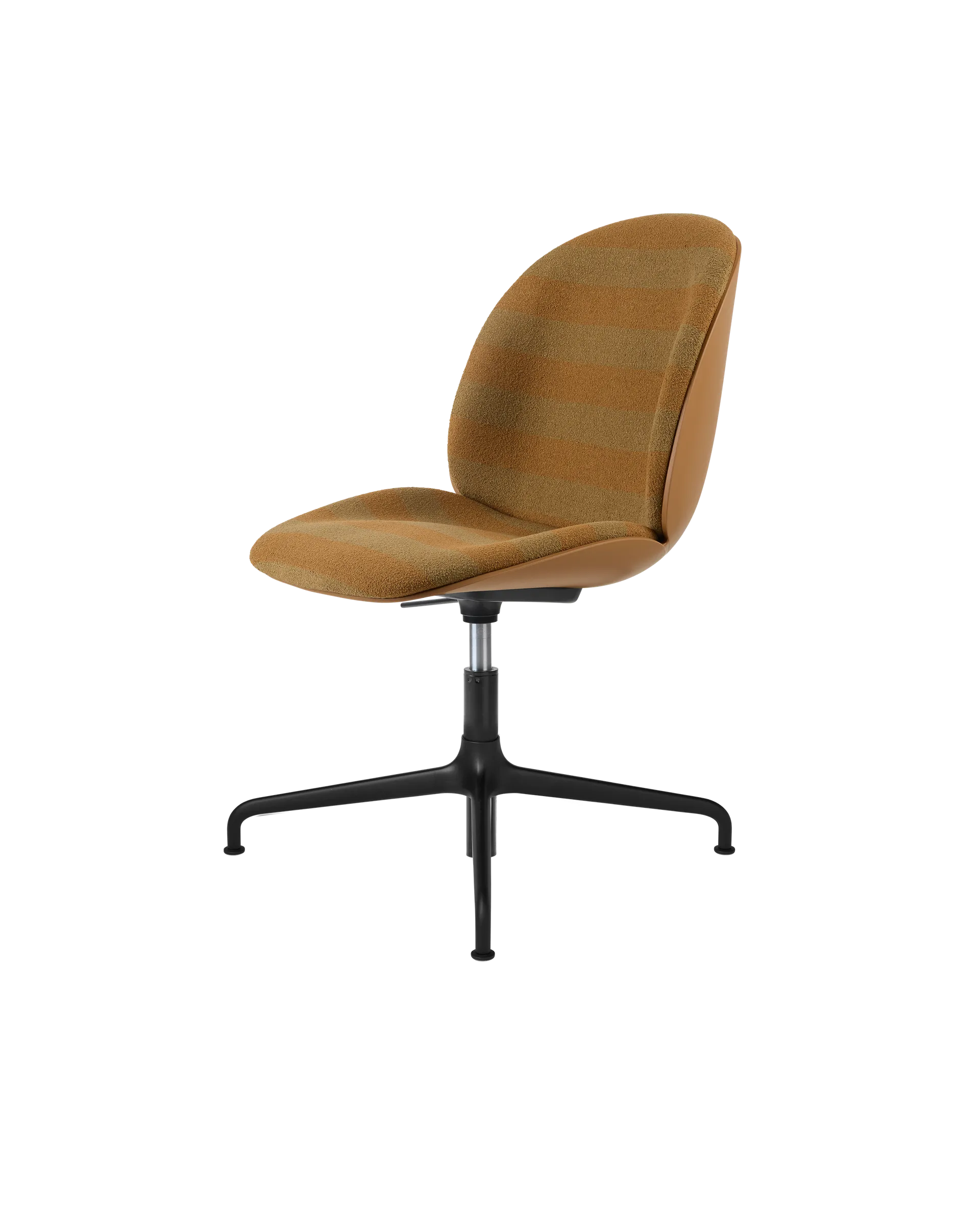 GUBI Beetle Meeting Chair, 3D Veneer & Front Upholstered (Kvadrat Sahco, Acca Stripe 0331, Height adjustable 4-star base, Amber Brown, Black Matt)