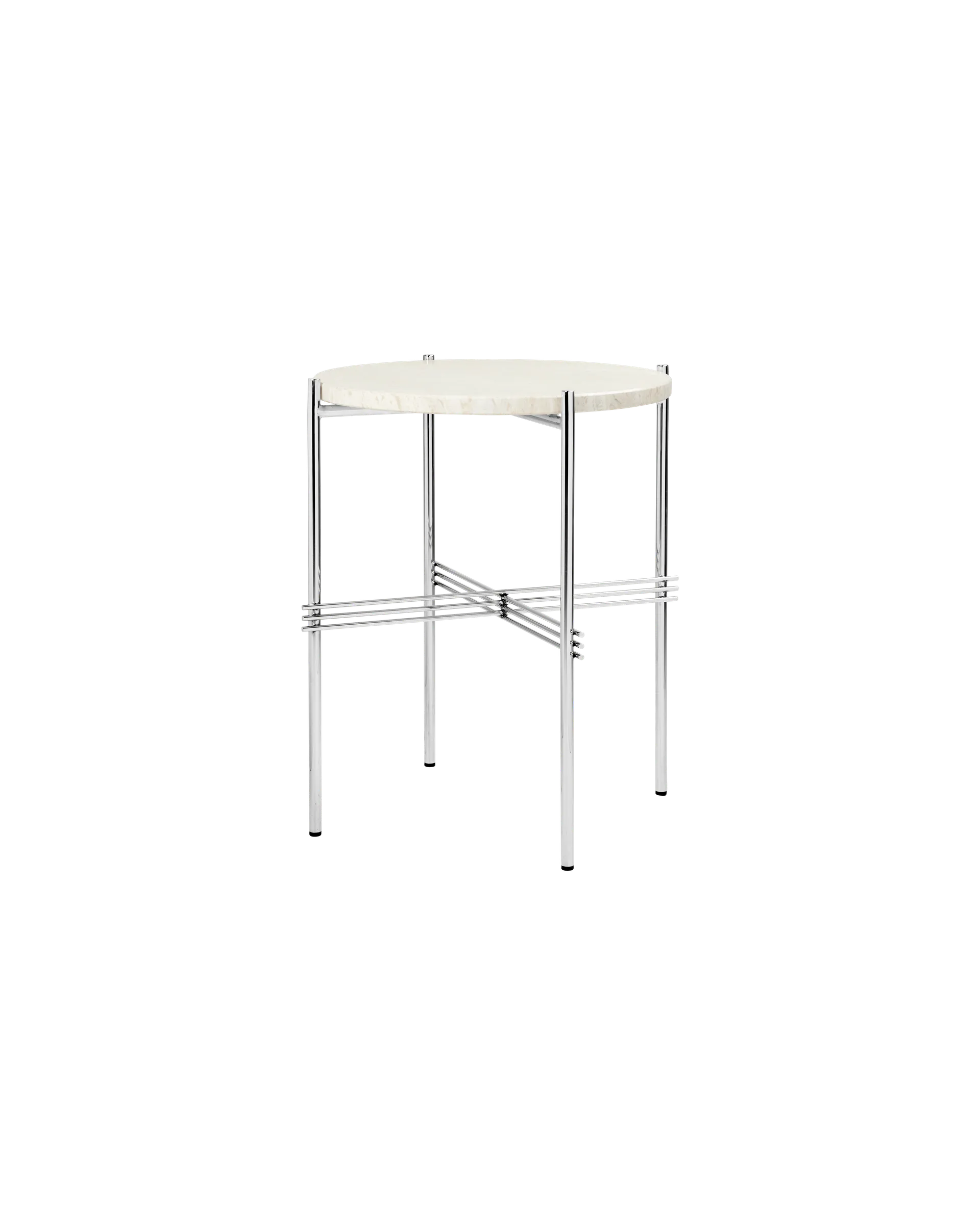 GUBI TS Side Table, Round (Polished Steel, Neutral White Travertine)