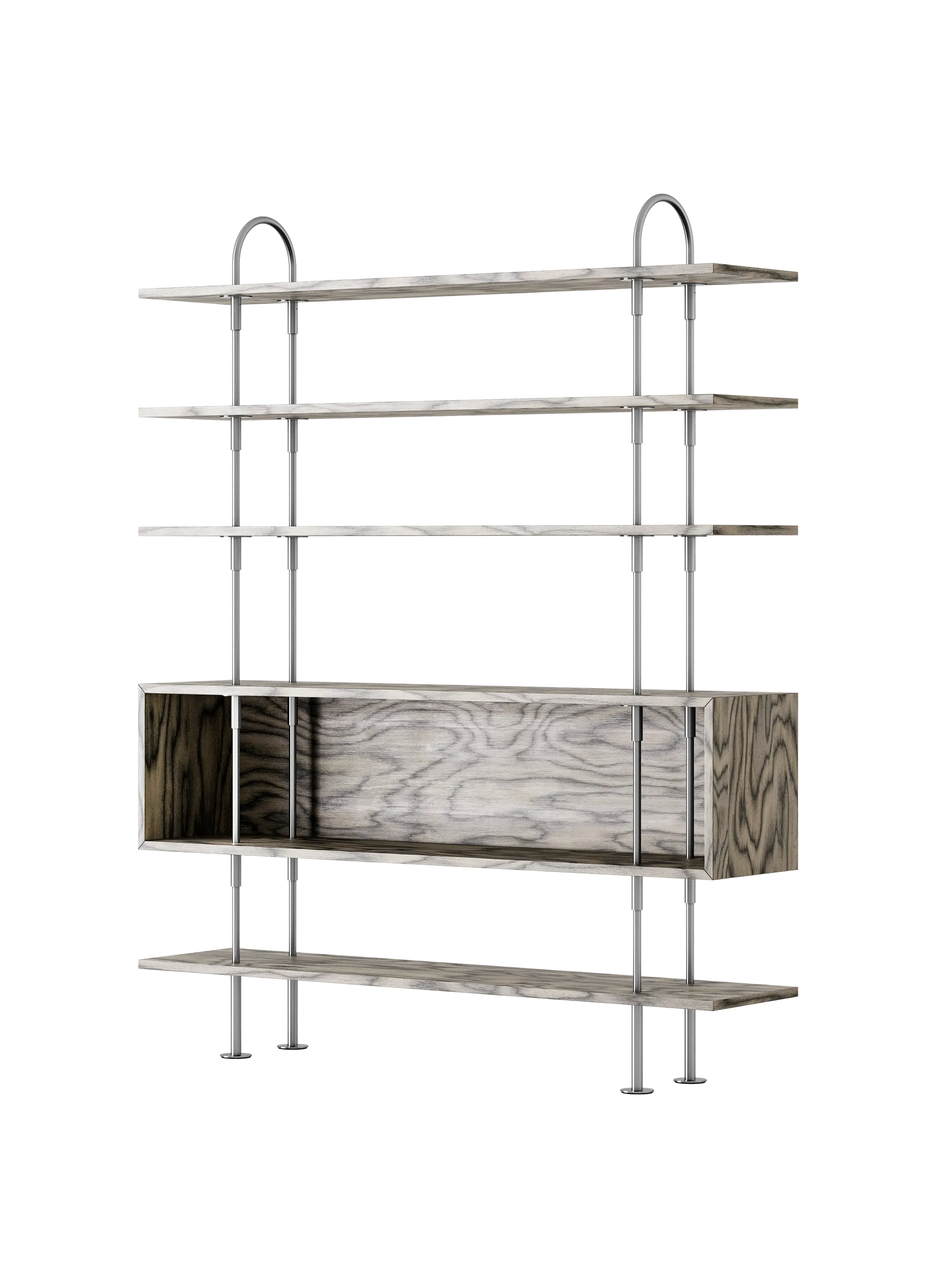 GUBI Keen Shelving System (160 cm, 198 cm - 4 Shelves & Box, ALPI Sottsass Gray, Satin Stainless Steel)