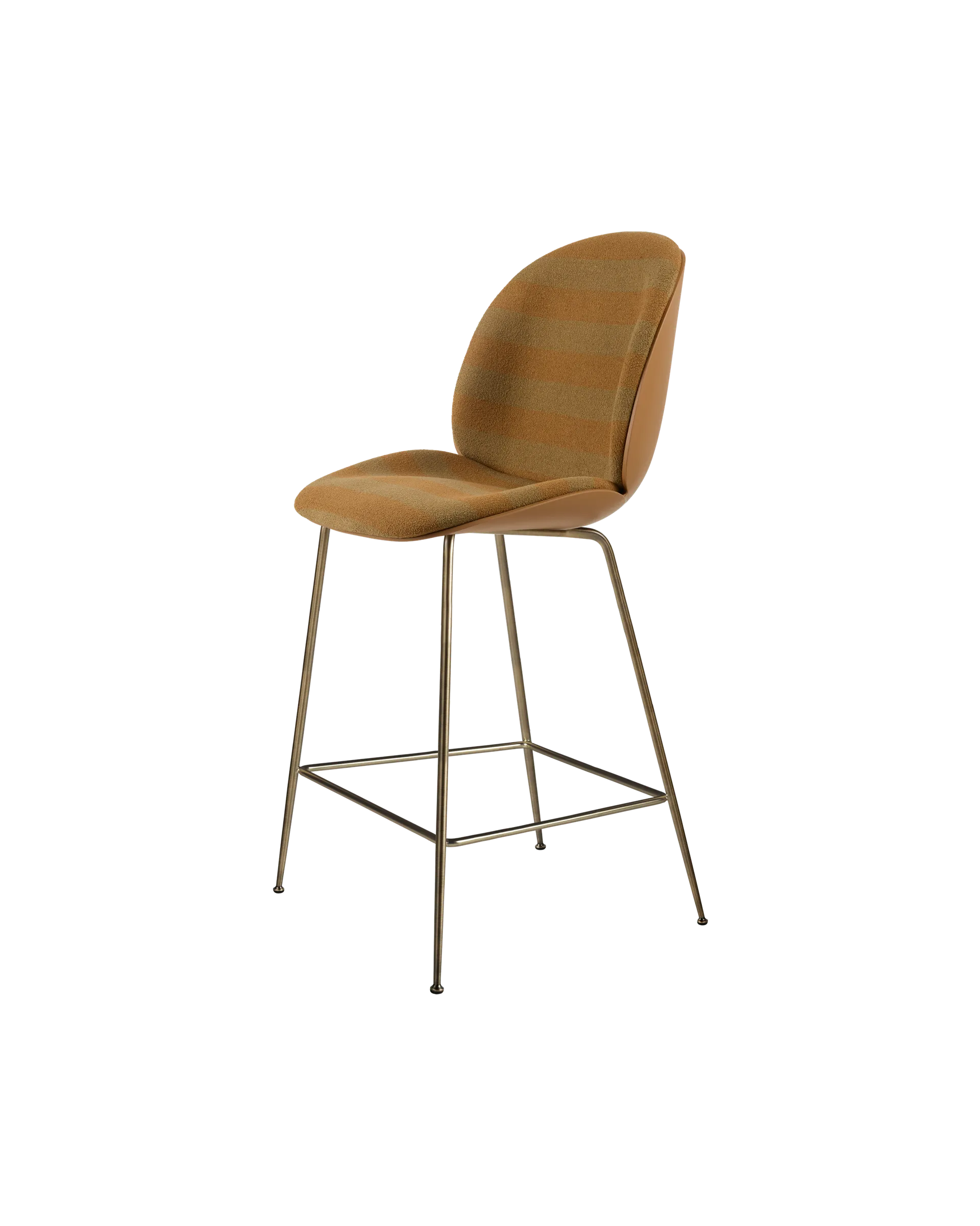 GUBI Beetle Counter Chair, 3D Veneer & Front Upholstered (Amber Brown, Antique Brass, Kvadrat Sahco, Acca Stripe 0131)