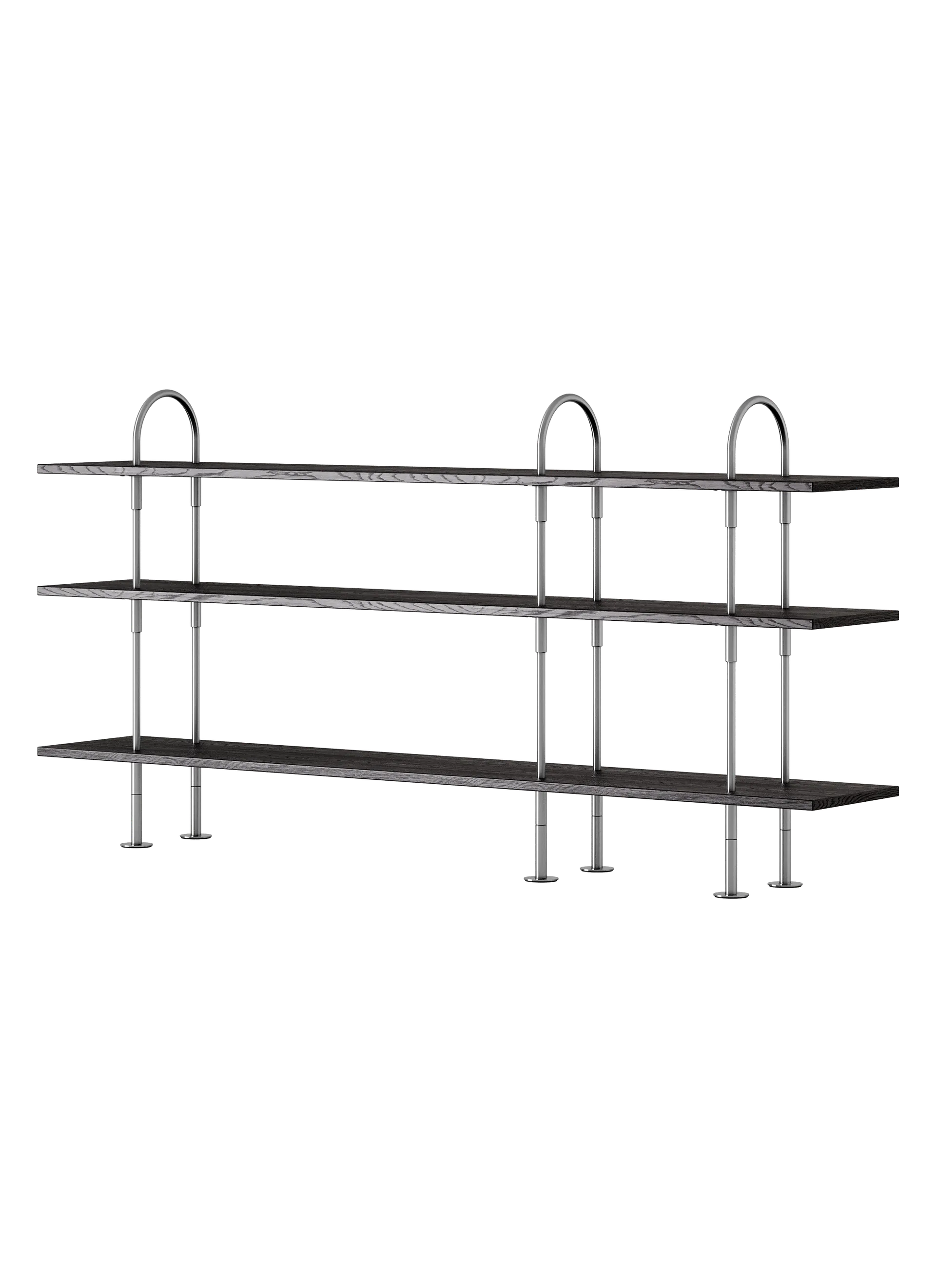 GUBI Keen Shelving System (208 cm, 105 cm - 3 Shelves, Brown/Black Ash Veneer, Satin Stainless Steel)