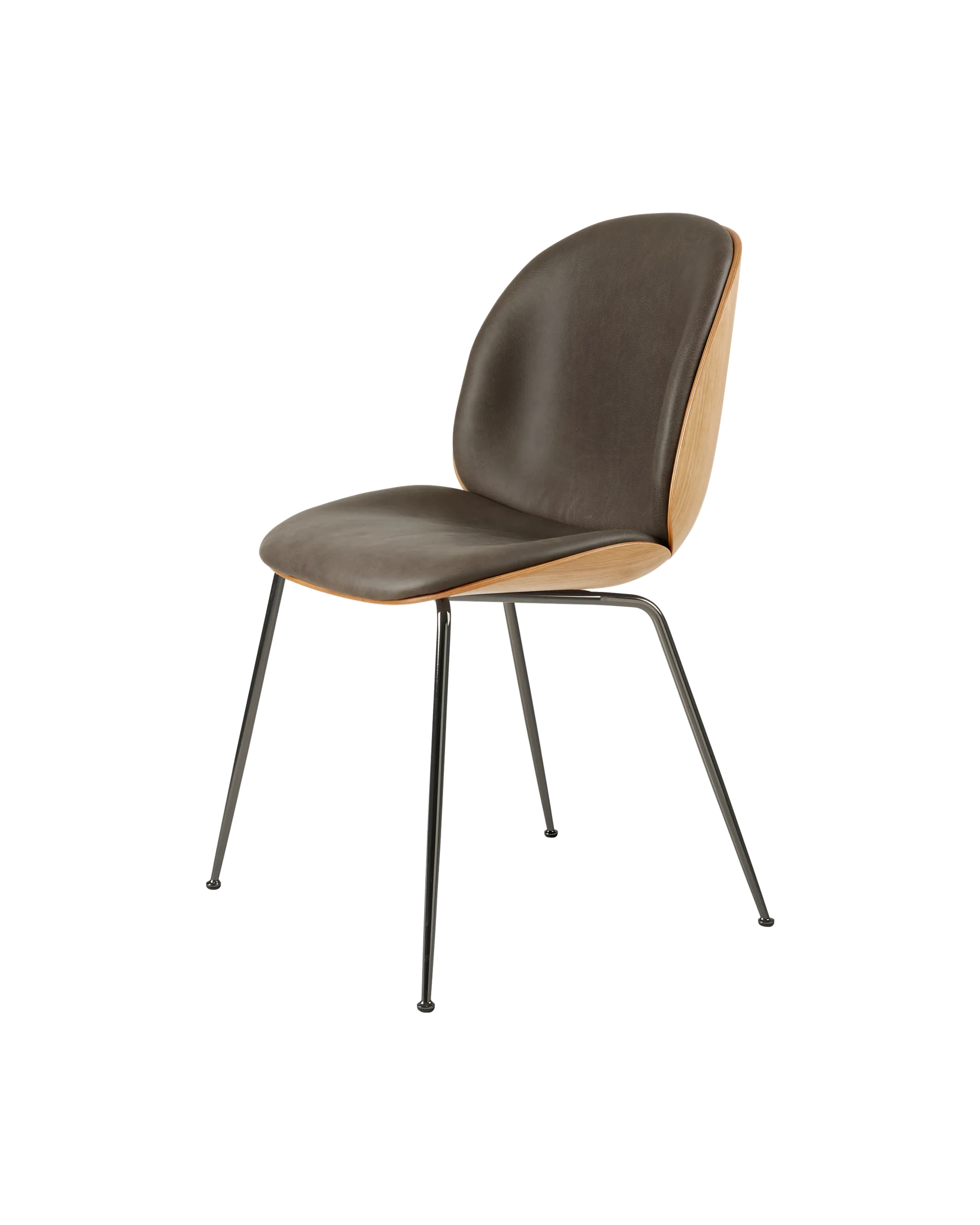 GUBI Beetle Dining Chair, 3D Veneer & Front Upholstered (Soft Leather, GUBI (Gray, Standard), Oak Semi Matt Lacquered, Black Chrome, GLOBAL)