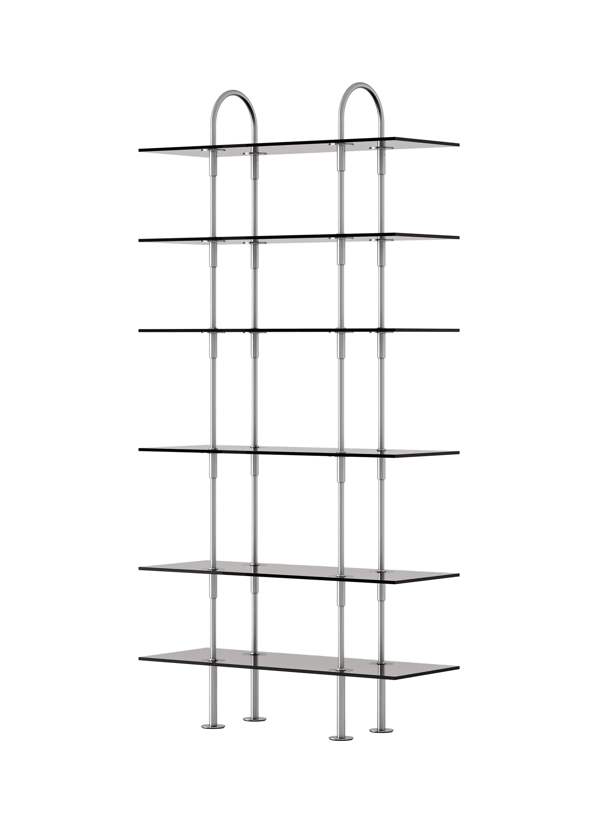 GUBI Keen Shelving System (96 cm, 198 cm - 6 Shelves, Smoked Tempered Glass, Satin Stainless Steel)