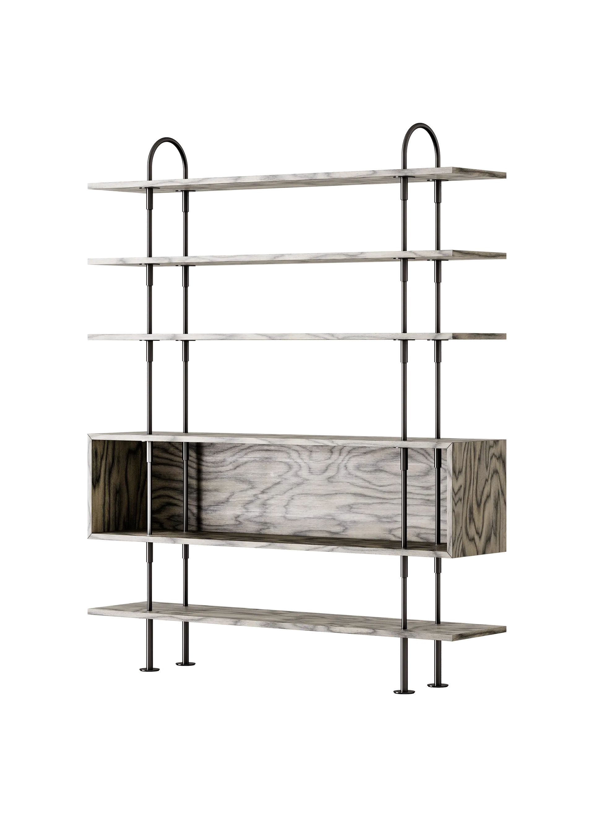 GUBI Keen Shelving System (160 cm, 198 cm - 4 Shelves & Box, ALPI Sottsass Gray, Black Brass)