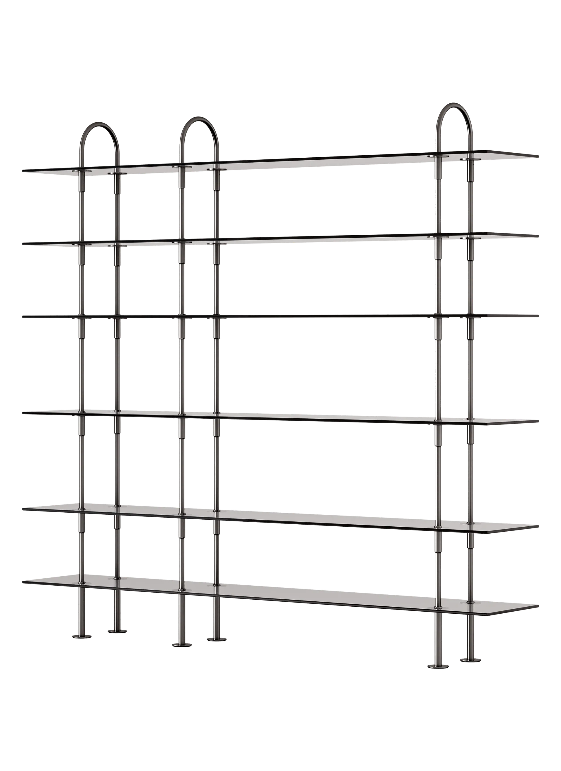 GUBI Keen Shelving System (208 cm, 198 cm - 6 Shelves, Smoked Tempered Glass, Black Brass)
