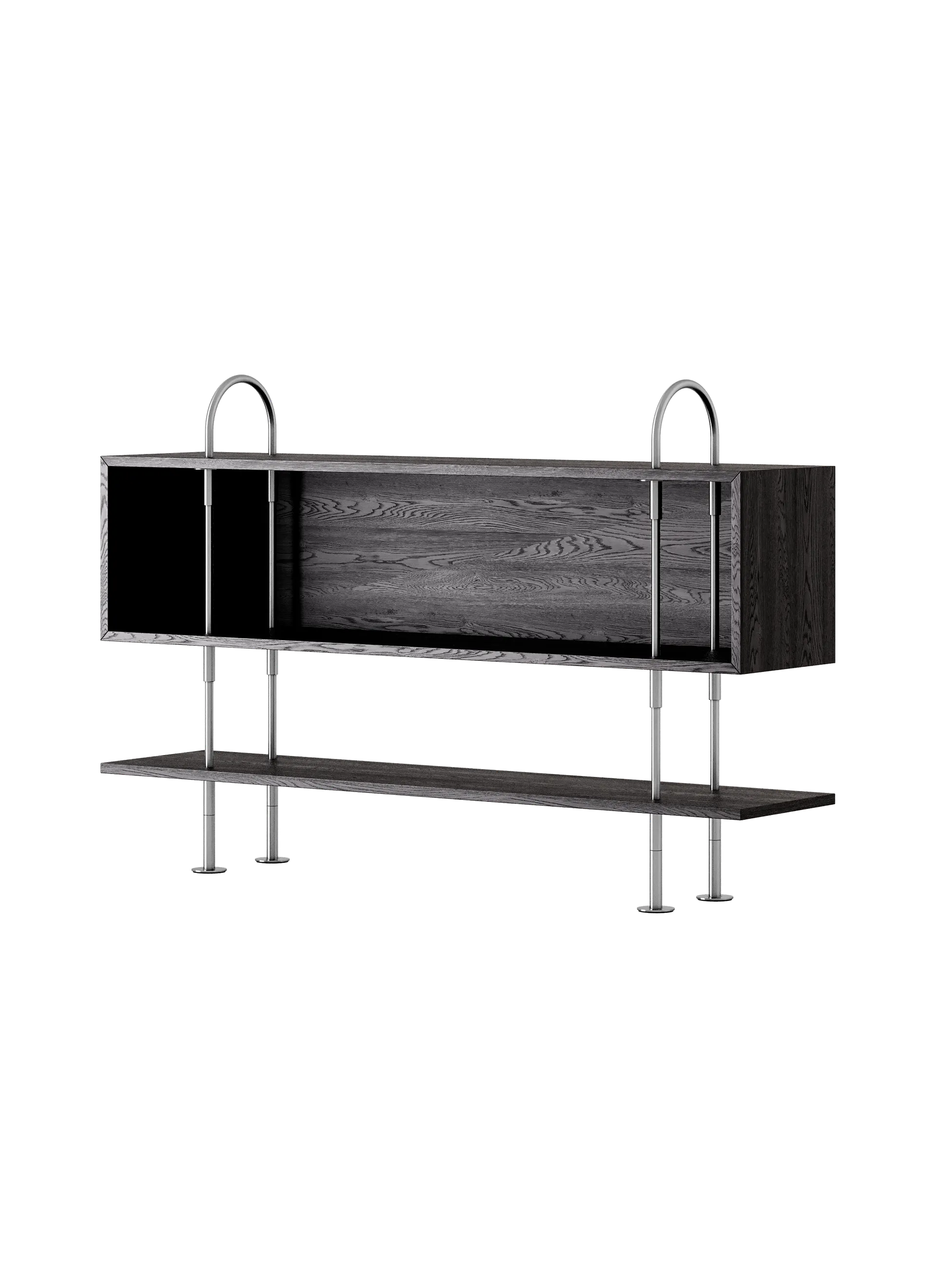 GUBI Keen Shelving System (160 cm, 105 cm - 1 Shelf & Box, Brown/Black Ash Veneer, Satin Stainless Steel)