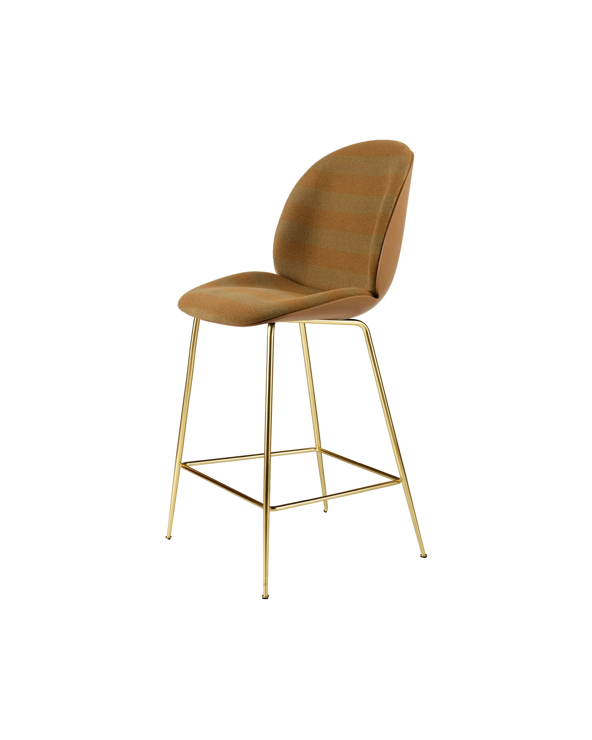 GUBI Beetle Counter Chair, 3D Veneer & Front Upholstered (Amber Brown, Brass Semi Matt, Kvadrat Sahco, Acca Stripe 0331)
