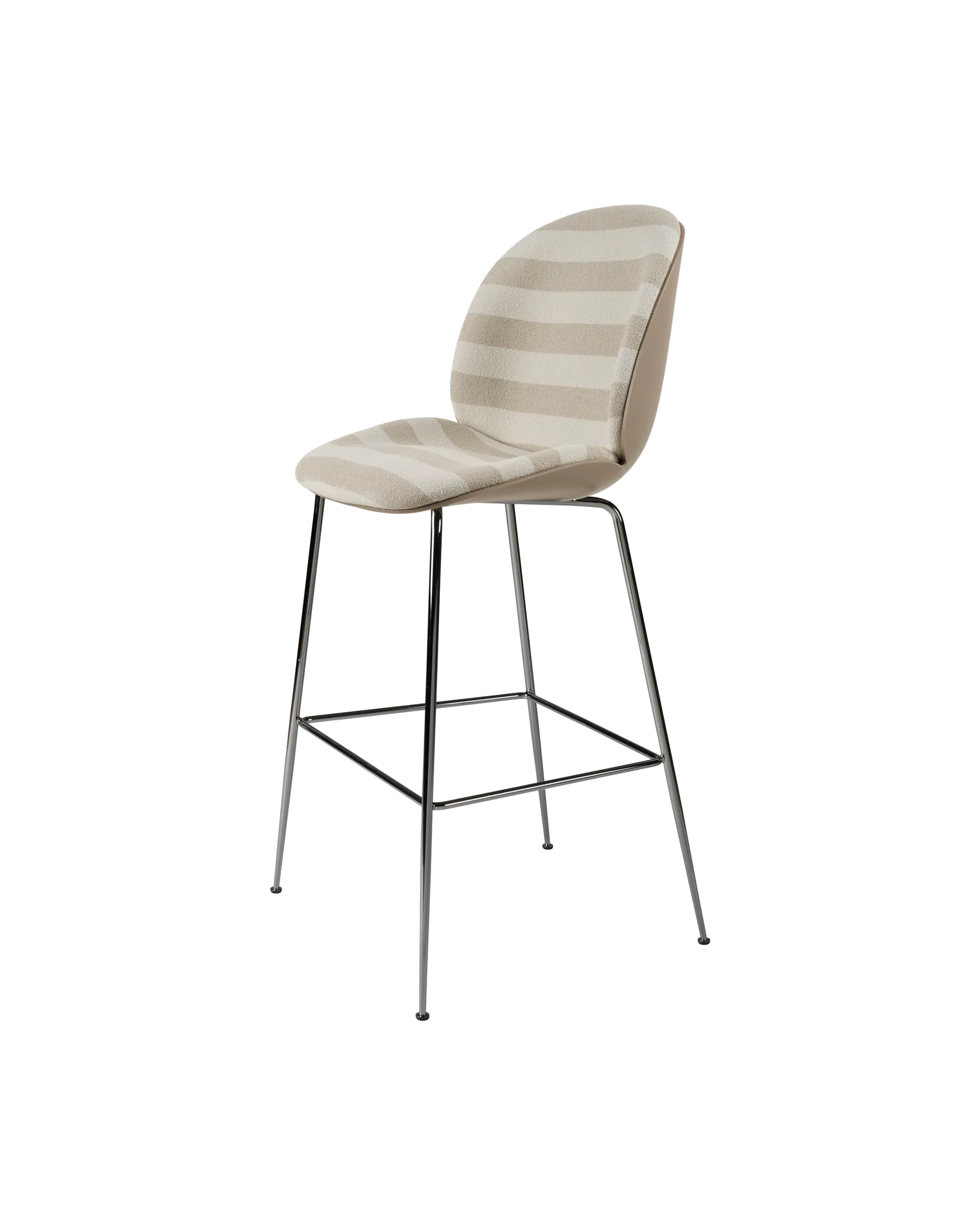 GUBI Beetle Bar Chair, 3D Veneer & Front Upholstered (Kvadrat Sahco, Acca Stripe 0131, New Beige, Black Chrome)