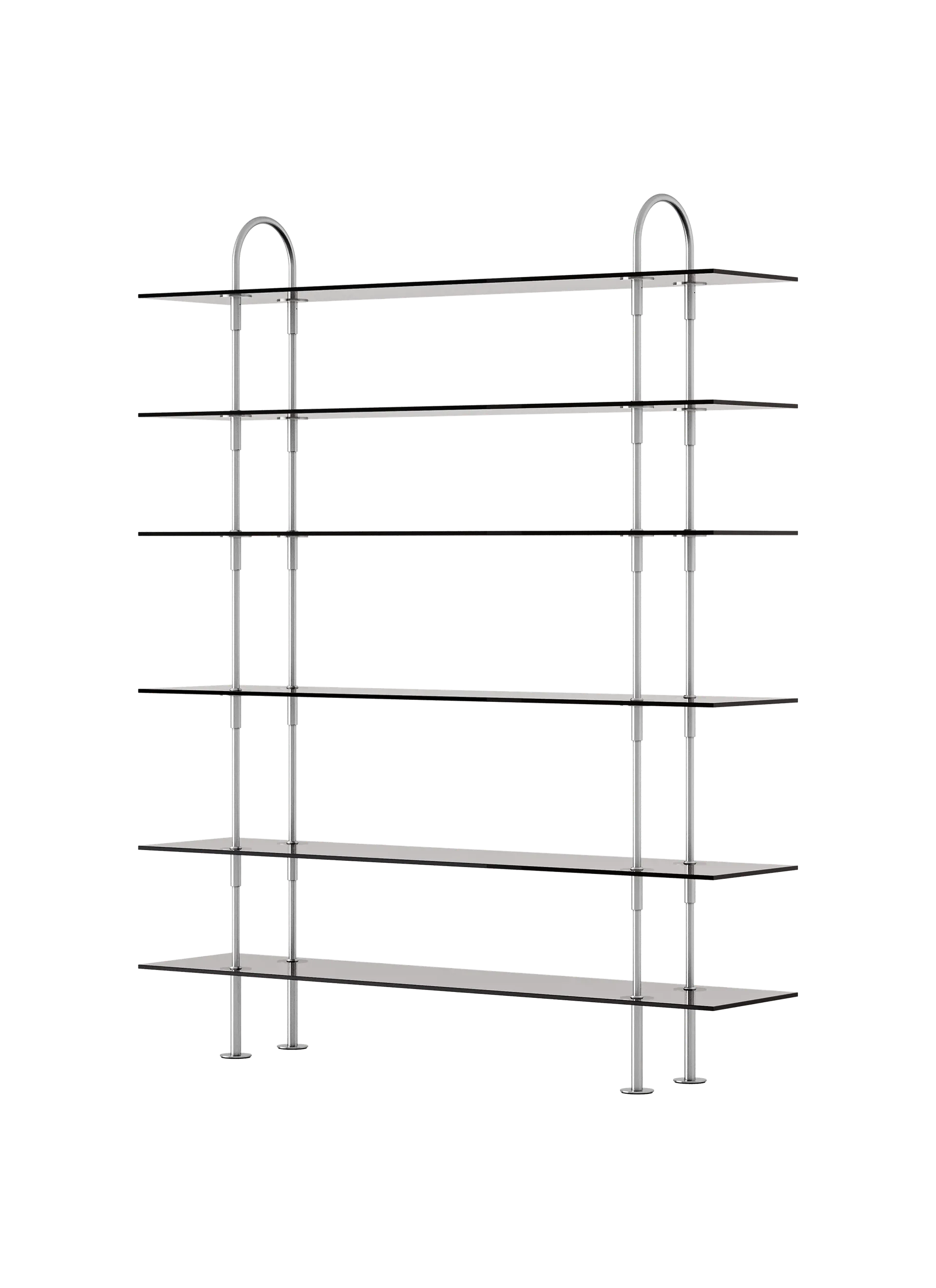 GUBI Keen Shelving System (160 cm, 198 cm - 6 Shelves, Smoked Tempered Glass, Satin Stainless Steel)