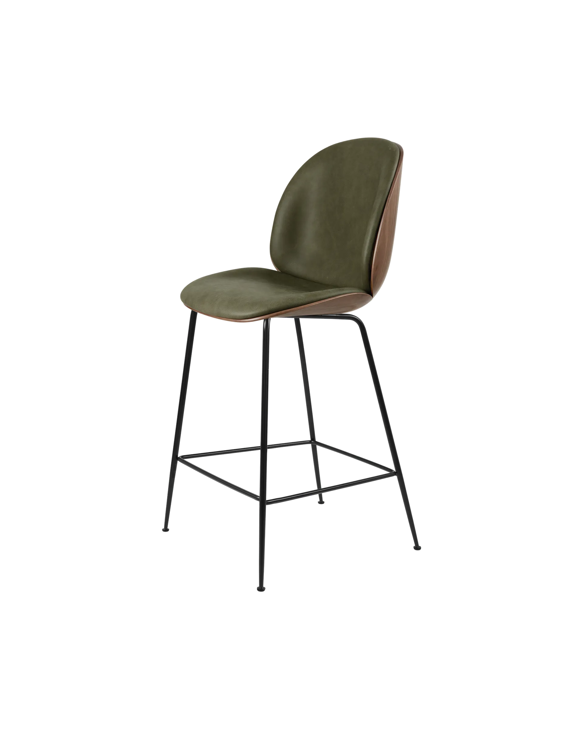GUBI Beetle Counter Chair, 3D Veneer & Front Upholstered (Soft Leather, GUBI (Army, Standard), American Walnut Semi Matt Lacquered, Black Matt)