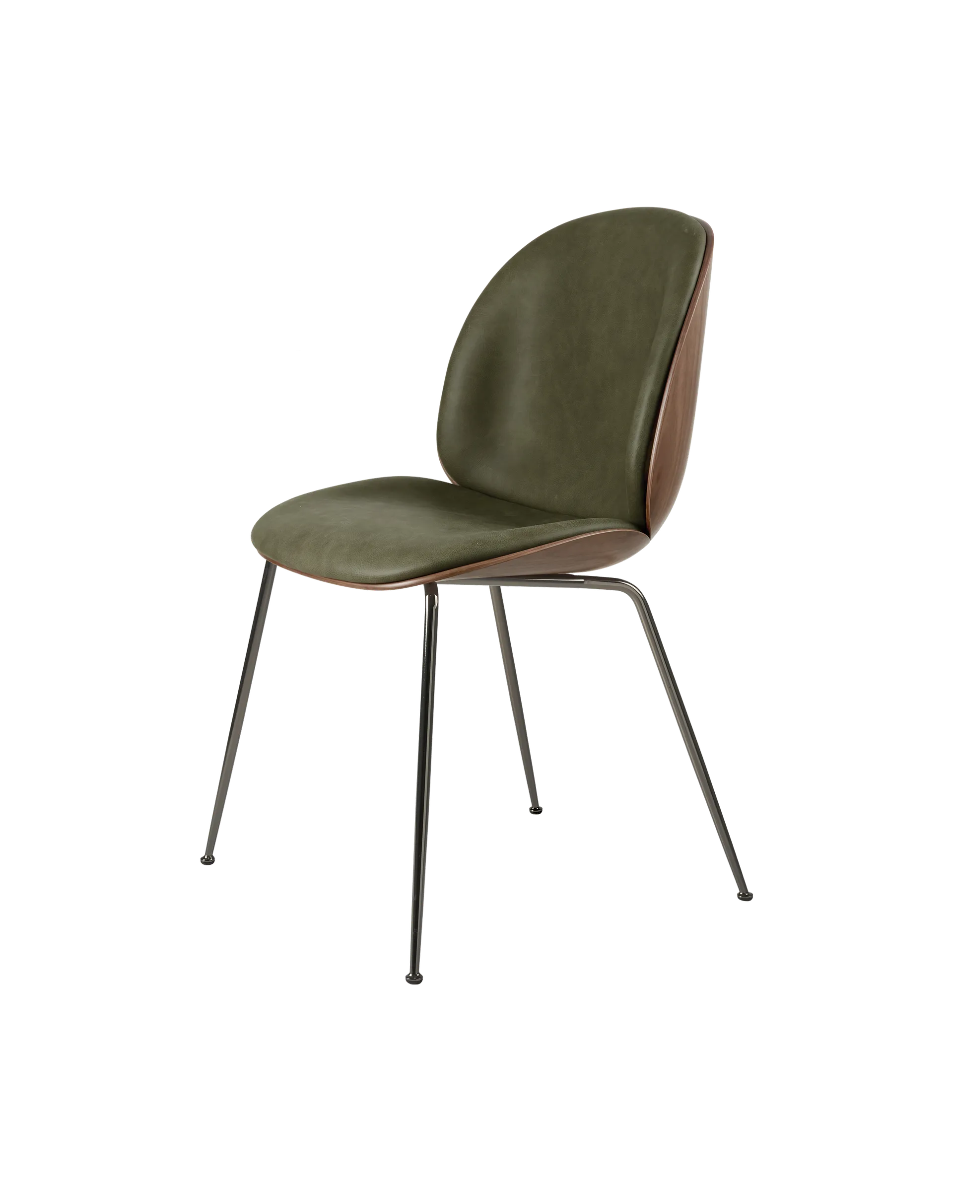 GUBI Beetle Dining Chair, 3D Veneer & Front Upholstered (Soft Leather, GUBI (Army, Standard), American Walnut Semi Matt Lacquered, Black Chrome, EU)