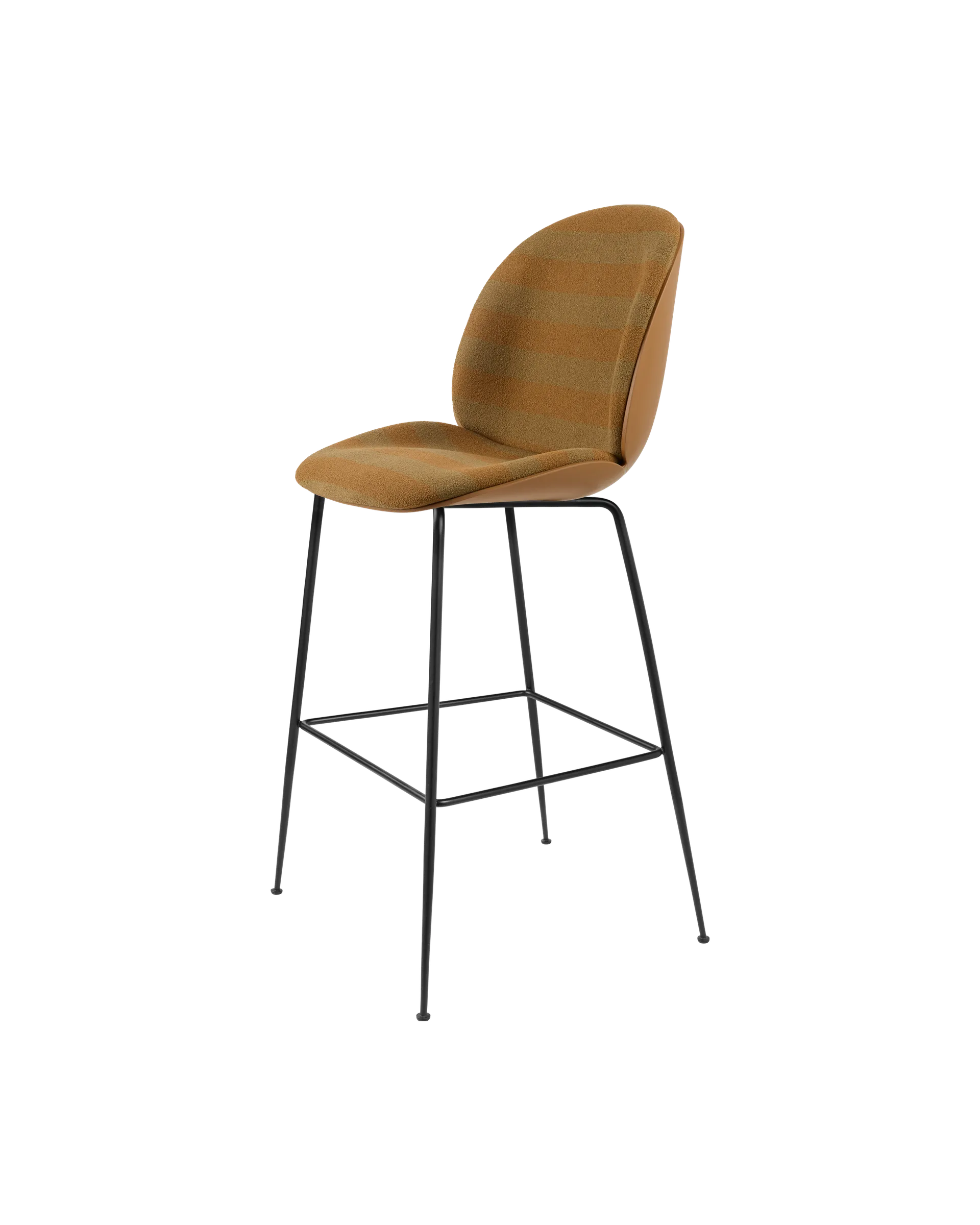 GUBI Beetle Bar Chair, 3D Veneer & Front Upholstered (Kvadrat Sahco, Acca Stripe 0331, Amber Brown, Black Matt)
