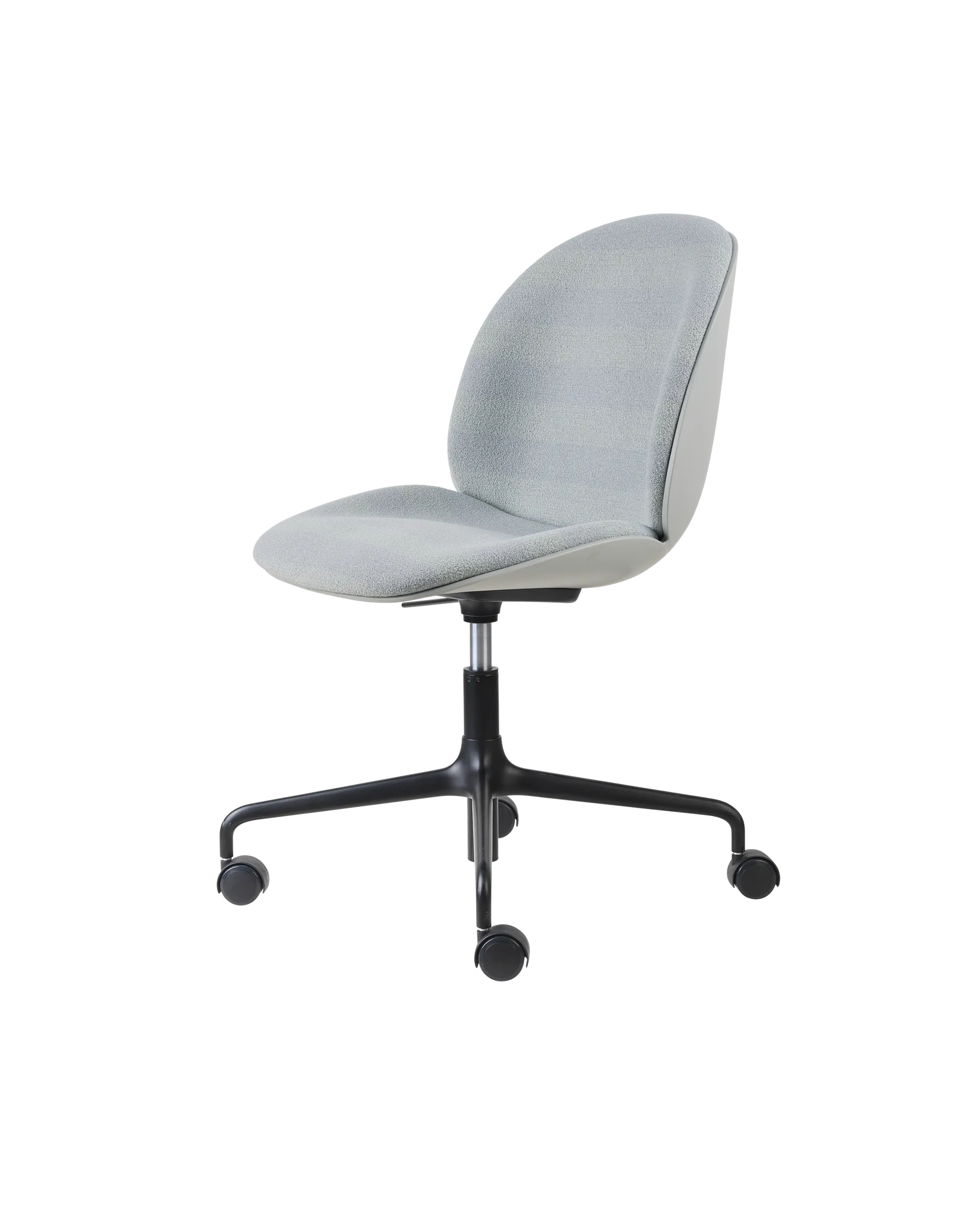 GUBI Beetle Meeting Chair, 3D Veneer & Front Upholstered (Kvadrat Sahco, Acca Stripe 0731, Height adjustable 4-star base w. castors, Lunar Gray, Black