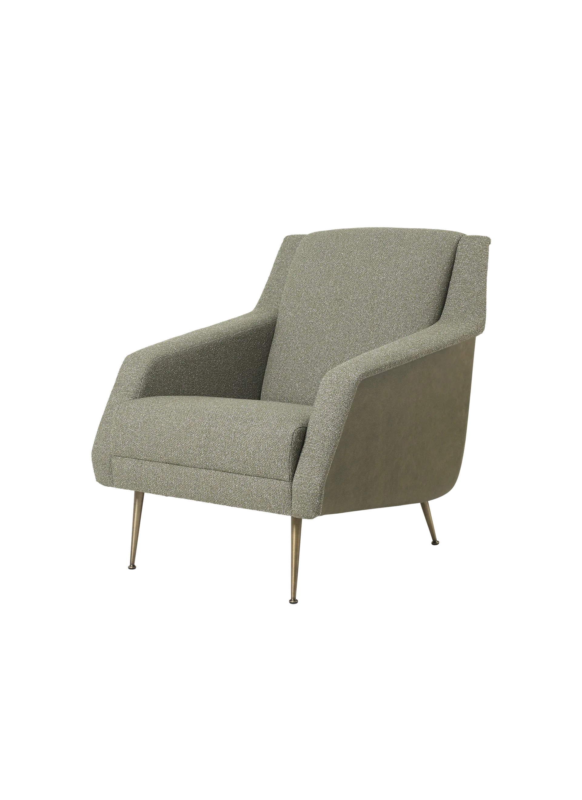 GUBI CDC.1 Lounge Chair, Fully Upholstered (Around Bouclé, Dedar (141, Standard), Soft Leather, GUBI (Army, Standard), Antique Brass)