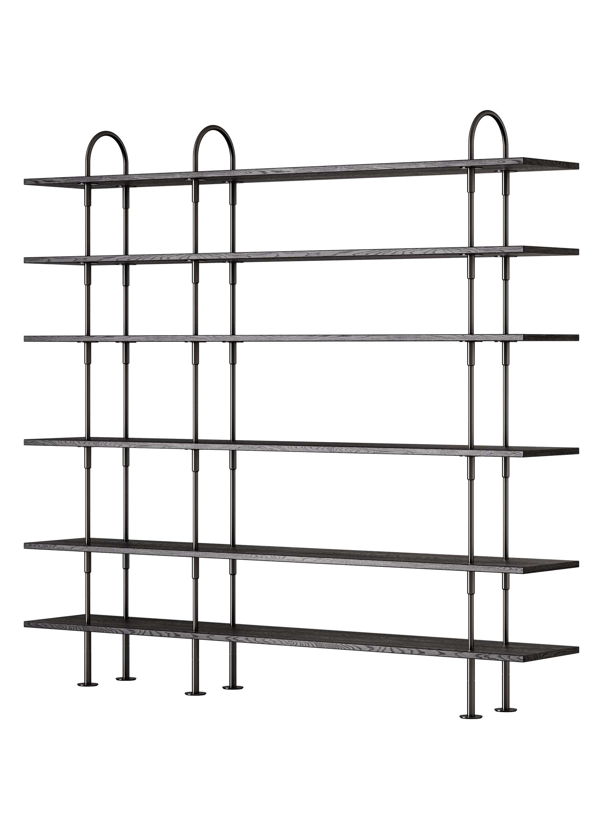 GUBI Keen Shelving System (208 cm, 198 cm - 6 Shelves, Brown/Black Ash Veneer, Black Brass)