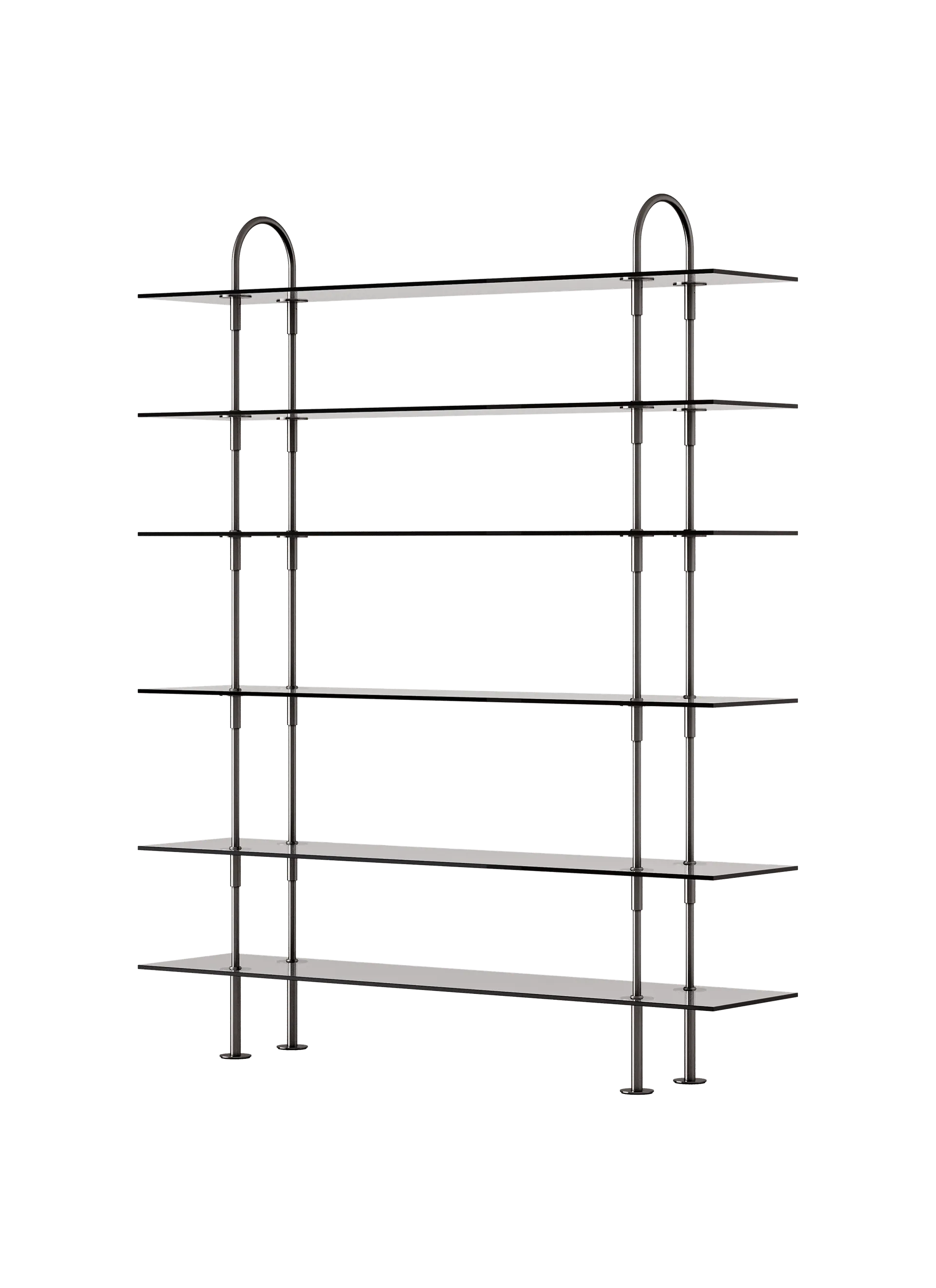 GUBI Keen Shelving System (160 cm, 198 cm - 6 Shelves, Smoked Tempered Glass, Black Brass)