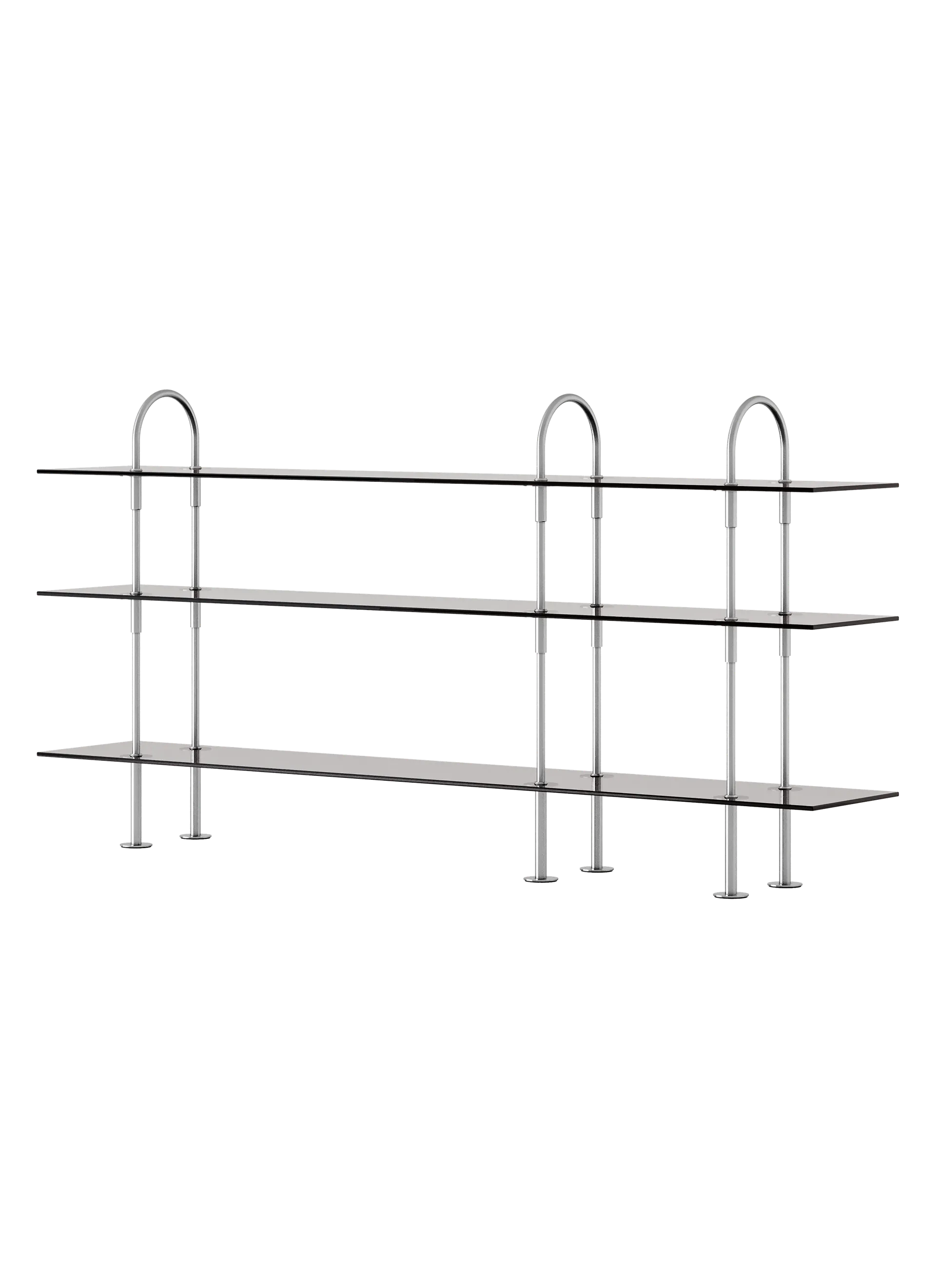 GUBI Keen Shelving System (208 cm, 105 cm - 3 Shelves, Smoked Tempered Glass, Satin Stainless Steel)